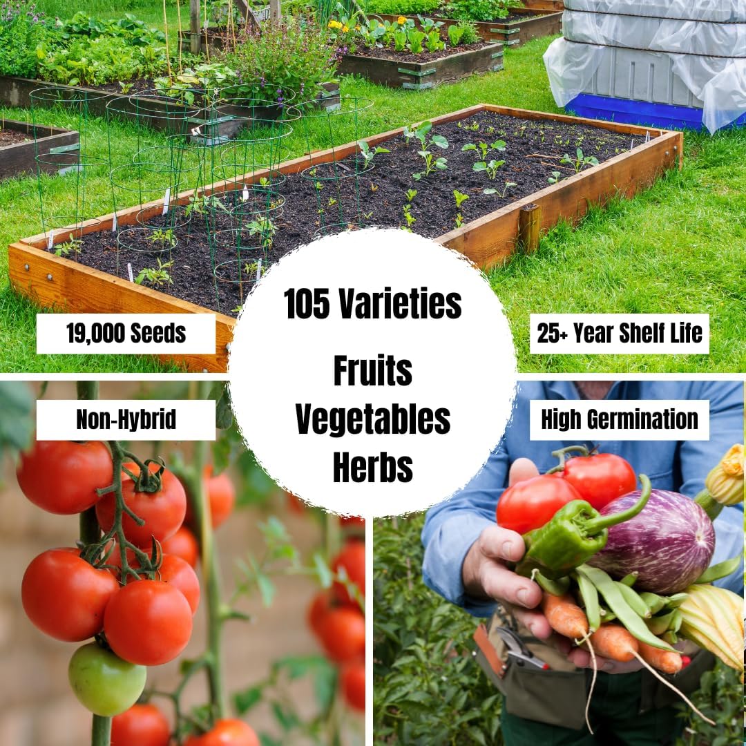 105 Variety Survival Garden Heirloom Seed Vault – Non-GMO, Non-Hybrid, Open-Pollinated Herb, Fruit & Vegetable Seeds for Home Gardening – Includes Seed Storage Organizer for Long-Term Preservation