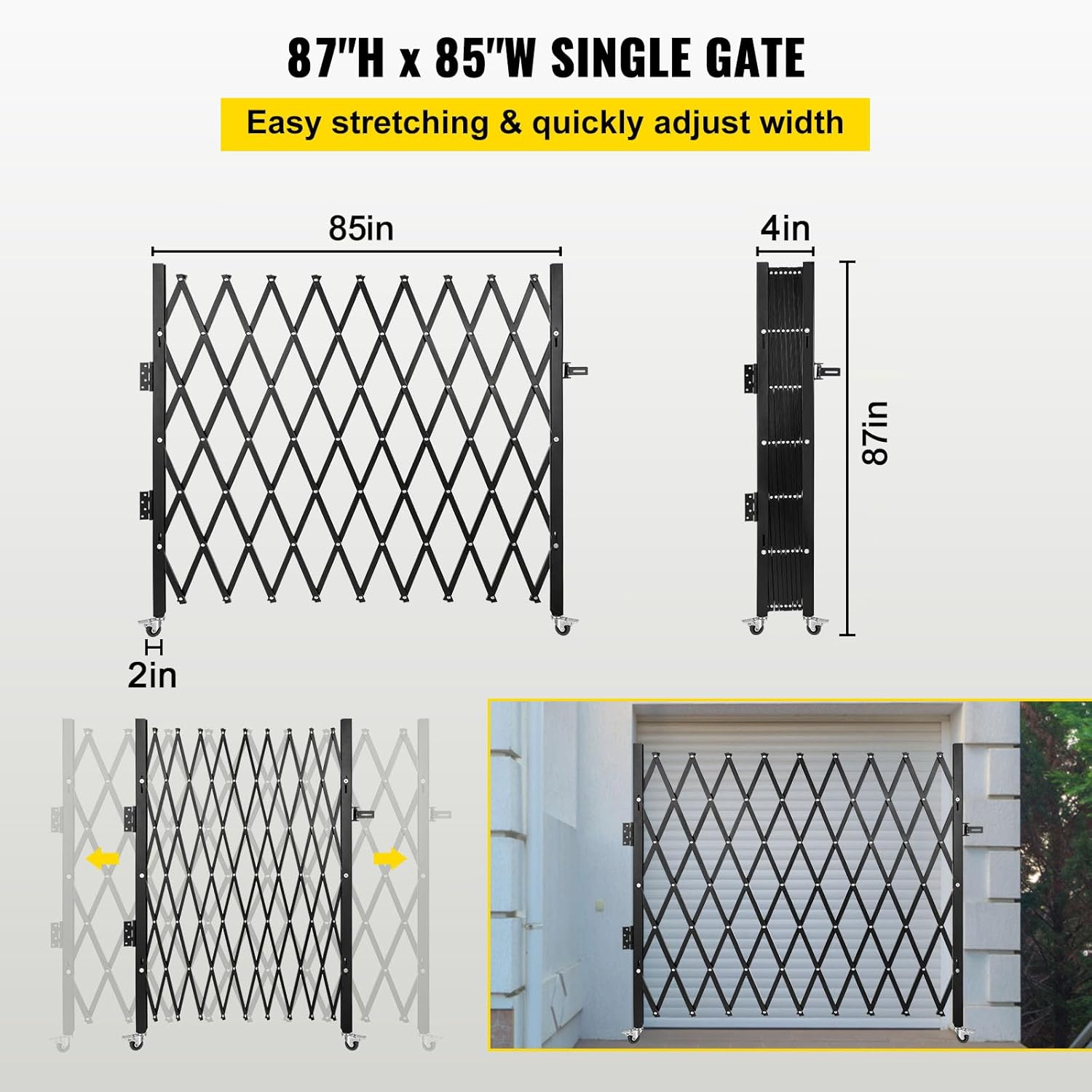 7×7 Ft Steel Folding Security Gate – Single Accordion Scissor Gate with Rolling Casters & Padlock | Expandable Locking Security Door for Storefront, Warehouse & Garage