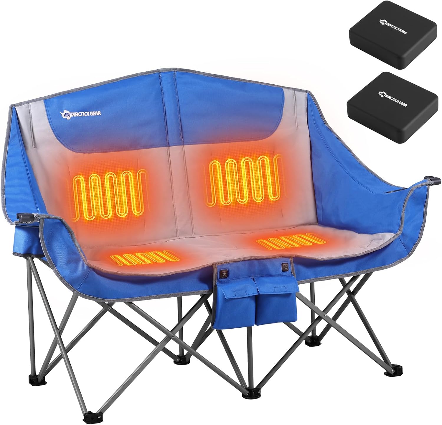 Heated Double Camping Chair, 2-Person Folding Camp Chair with 12V 16000mAh Battery Pack, Heated Portable Loveseat Chair, for Outdoor Sports, Picnics, Rugby Match, Beach Parties