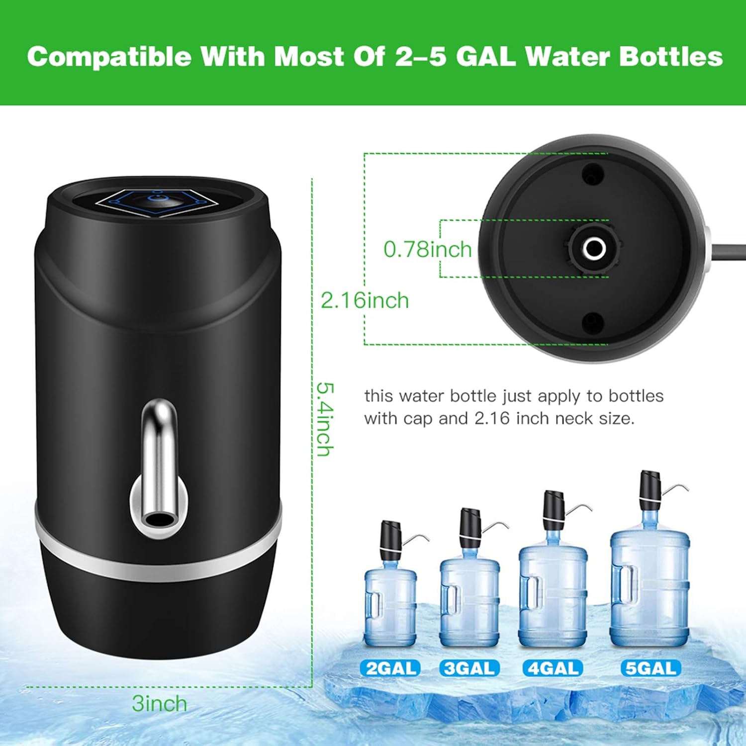 5 Gallon Electric Water Dispenser Pump – USB Rechargeable Portable Drinking Water Bottle Pump for 2-5 Gallon Jugs with Silicone Hose