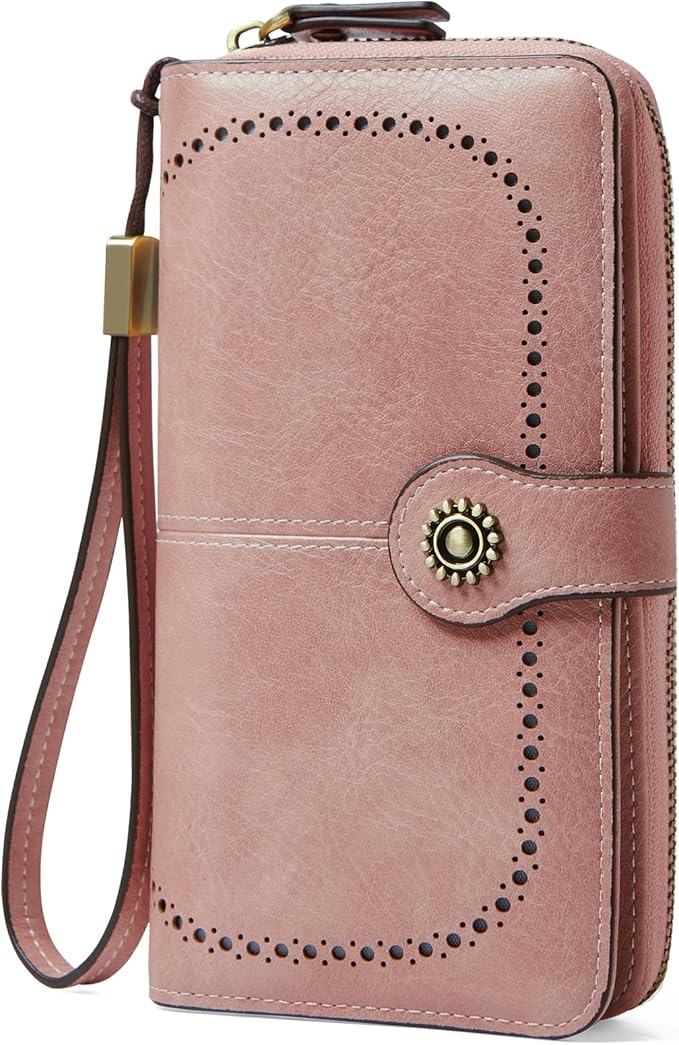 Women's RFID Blocking Leather Wallet – Large Capacity Card Holder, Phone Clutch, Travel Wristlet Purse
