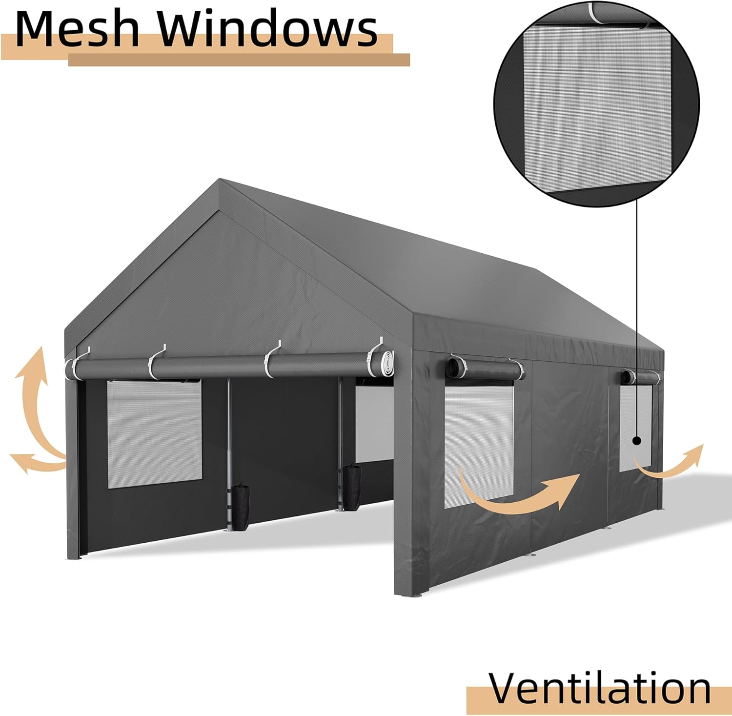 12x20 FT Heavy-Duty Carport Canopy – Portable Car Shelter with Removable Sidewalls & Doors | All-Season Waterproof Tarp for Vehicle Protection – Grey