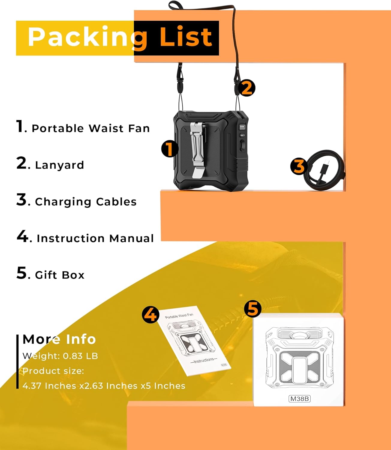 Portable Waist Clip Fan with 8000mAh Power Bank – Dual-Sided Wearable Personal Fan with 5-Speed Settings & Flashlight, USB Rechargeable Belt Fan for Outdoor Travel, Camping, Hiking & Work