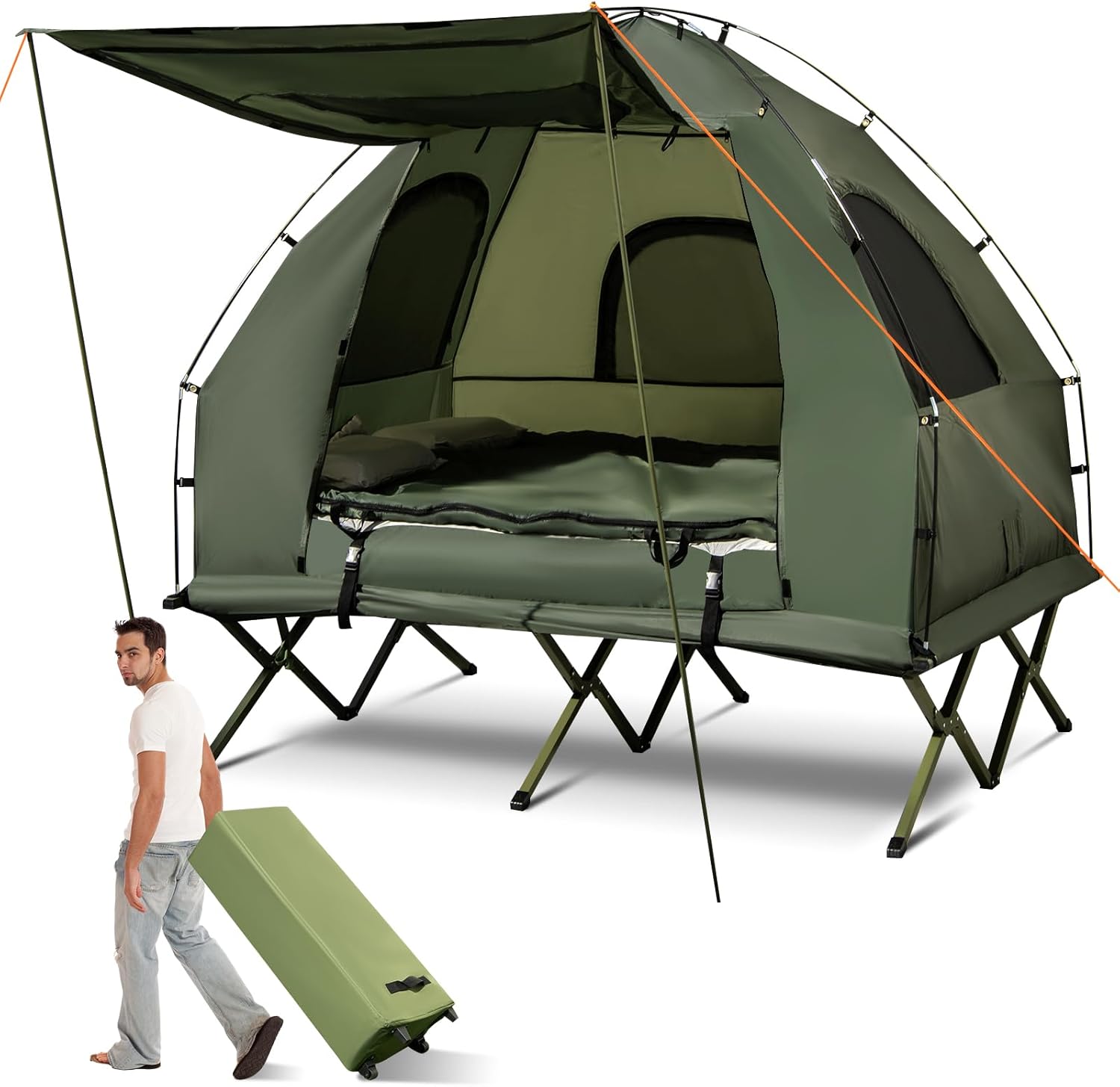 5-in-1 Tent Cot with Mattress, Sleeping Bags & Sunshade – Folding Elevated Camping Bed for Outdoor Hiking, Fishing, Travel & Picnics