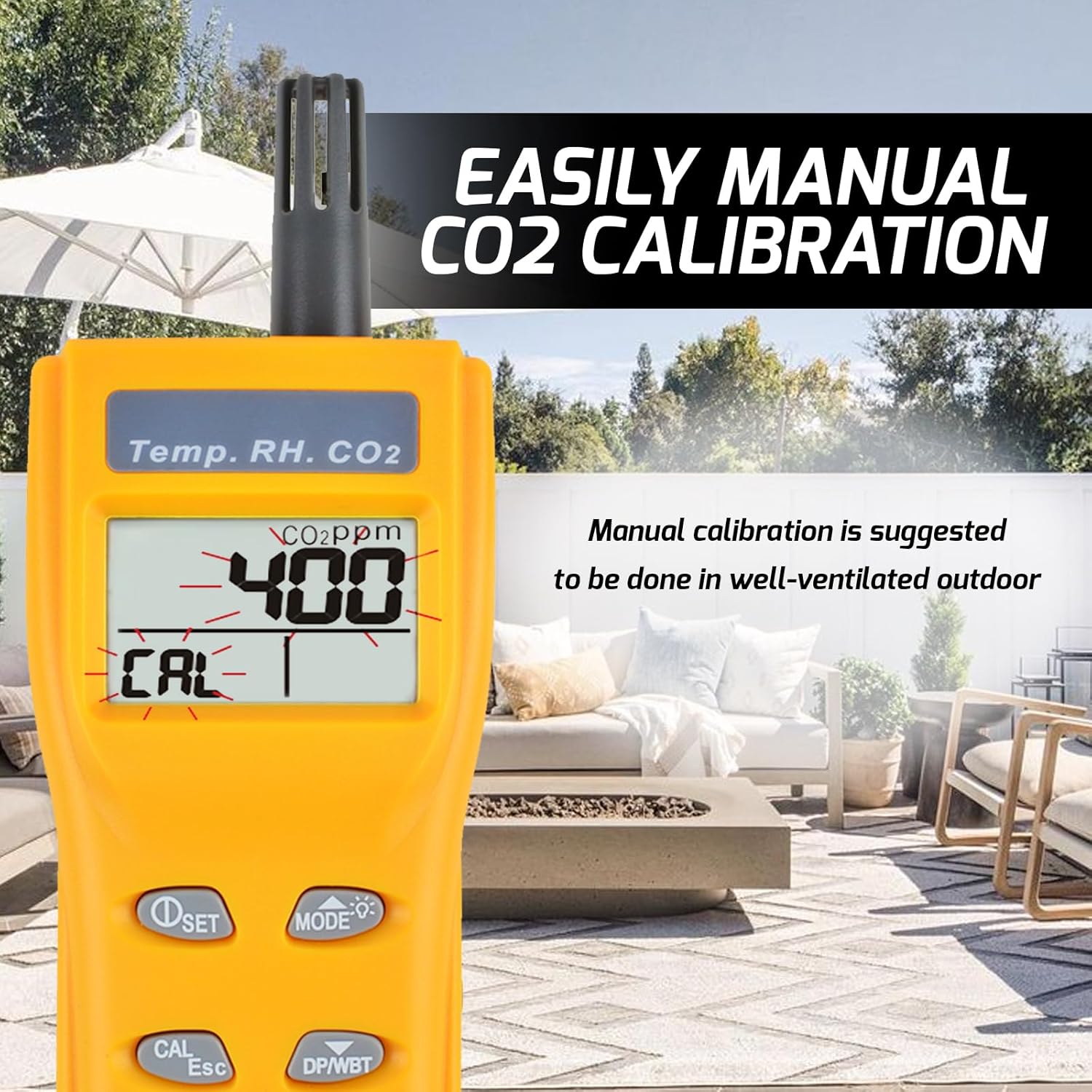 Handheld CO2 Meter – 0–9999ppm NDIR Sensor, Adjustable Alarm, Temp/Humidity/Dew Point Display