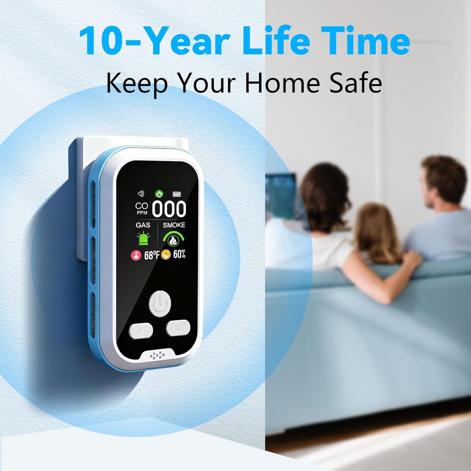 6-in-1 Carbon Monoxide Detector – CO, Gas, Smoke, Temp & Humidity | HD Display, Battery Backup, Plug-In