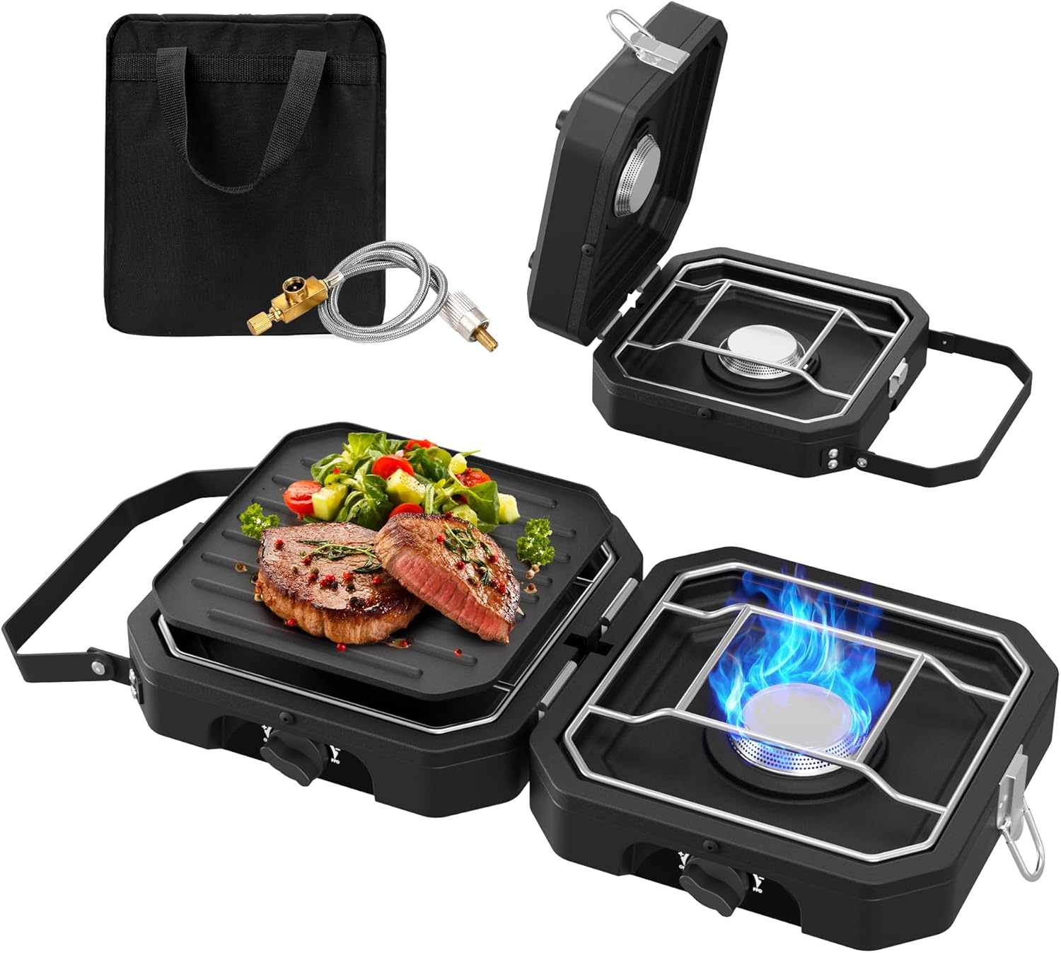 Portable 2-Burner Propane Camping Stove β Foldable Outdoor Gas Camp Stove with Independently Adjustable Heat & Carry Bag for Camping, Tailgating, BBQ & Backyard Cooking