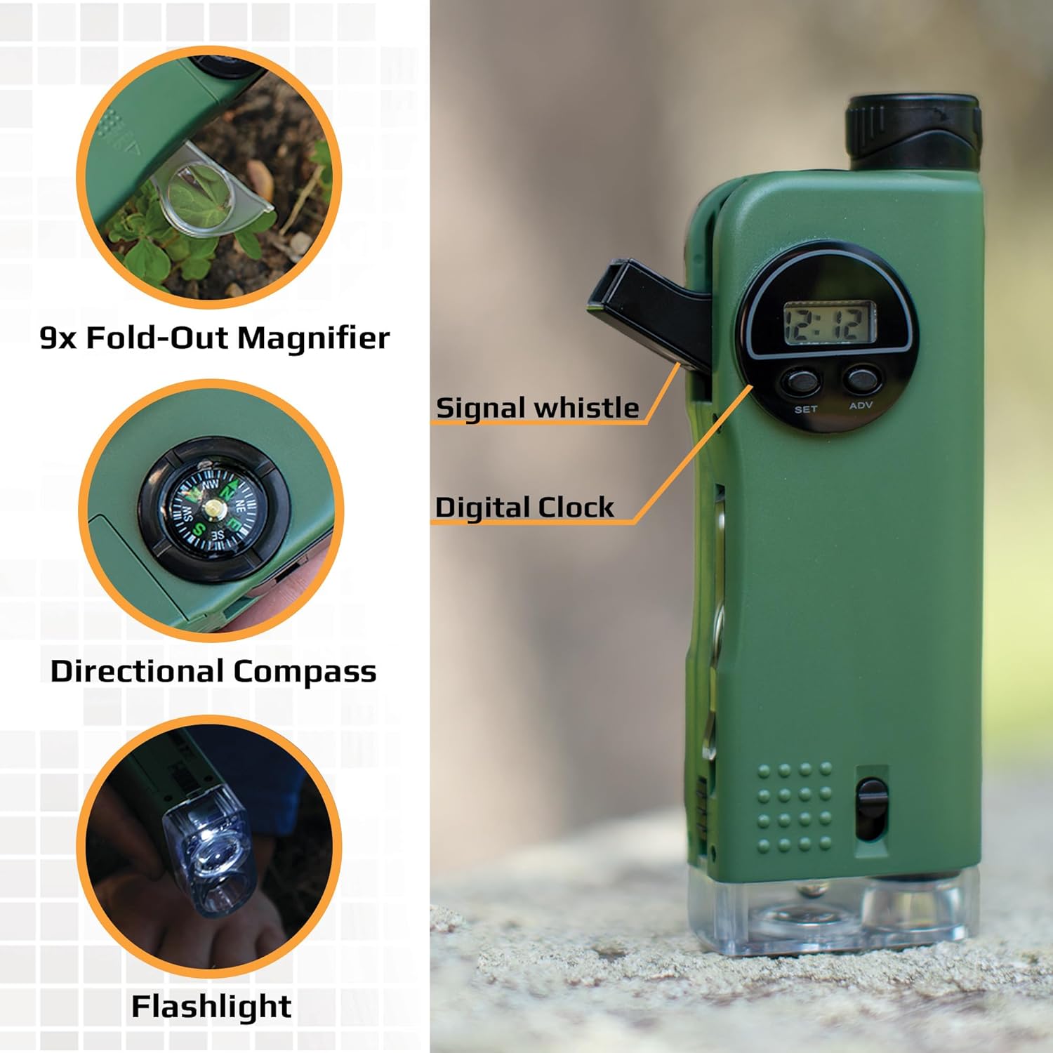 Kids 7-in-1 Multi-Purpose Optical Pocket Tool – 30x Microscope, 8x Telescope, 9x Magnifier, Flashlight, Signal Whistle, Compass & Digital Clock