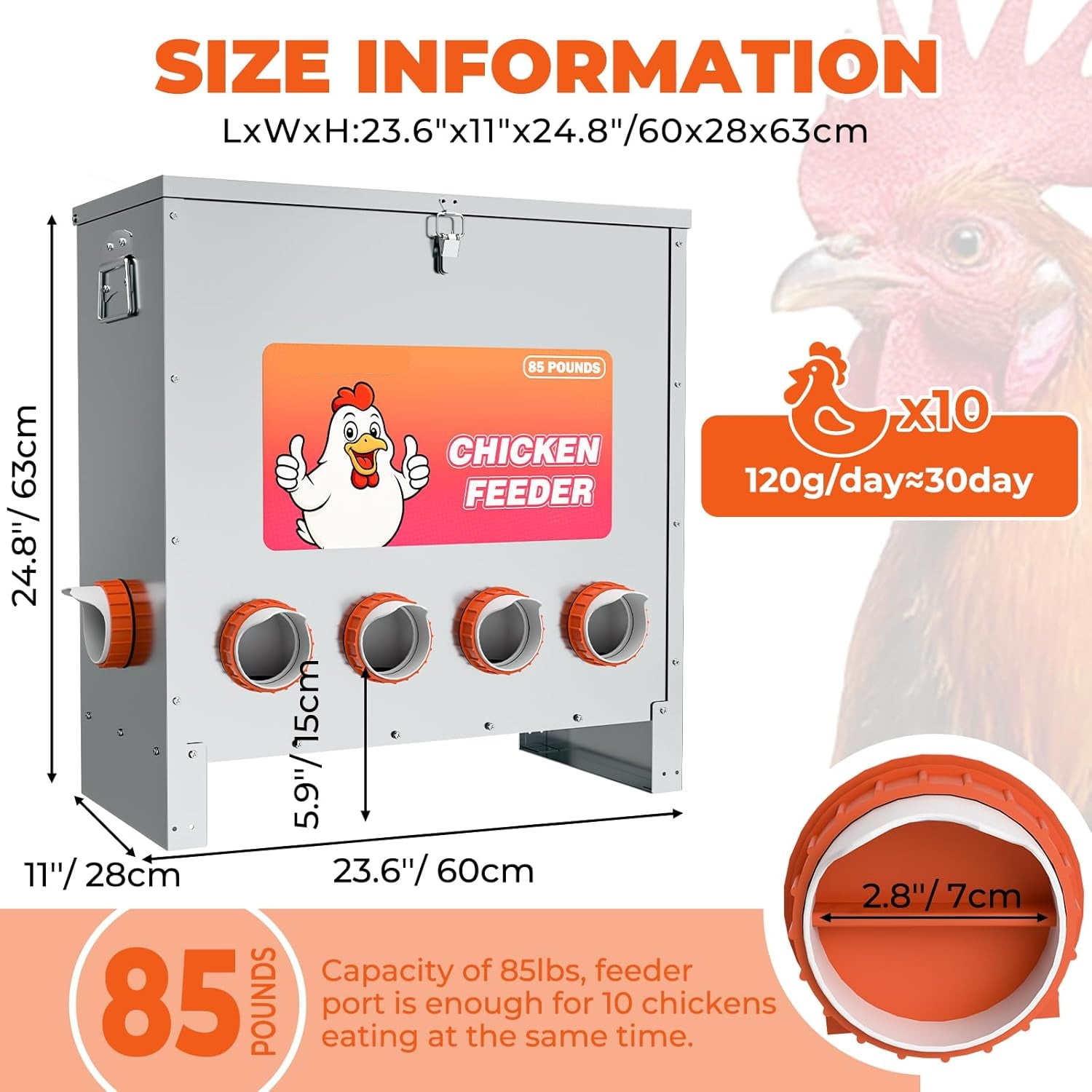 85 LB Weatherproof Metal Chicken Feeder – No Waste Poultry Feeder with 10 Feeding Ports, Auto Gravity Feed, Handle & Latch – Large Capacity Outdoor Feeder for Chickens, Hens, Bantams, Pheasants, Coop Use