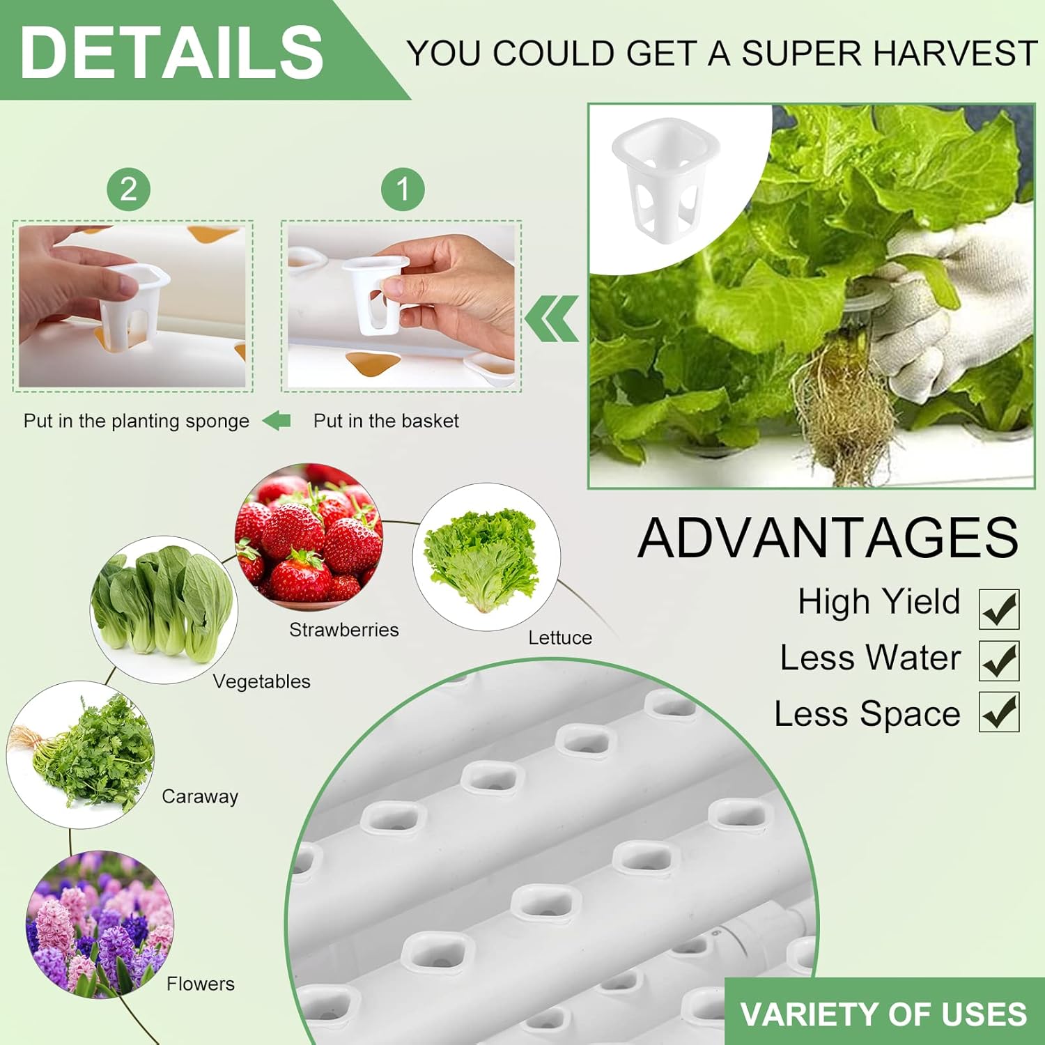 Hydroponics Growing System Kit, 108 Plant Sites 3 Layers Food-Grade PVC-U Pipes Hydroponic Grow Kit Gardening System for Vegetables, Fruits, Herbs