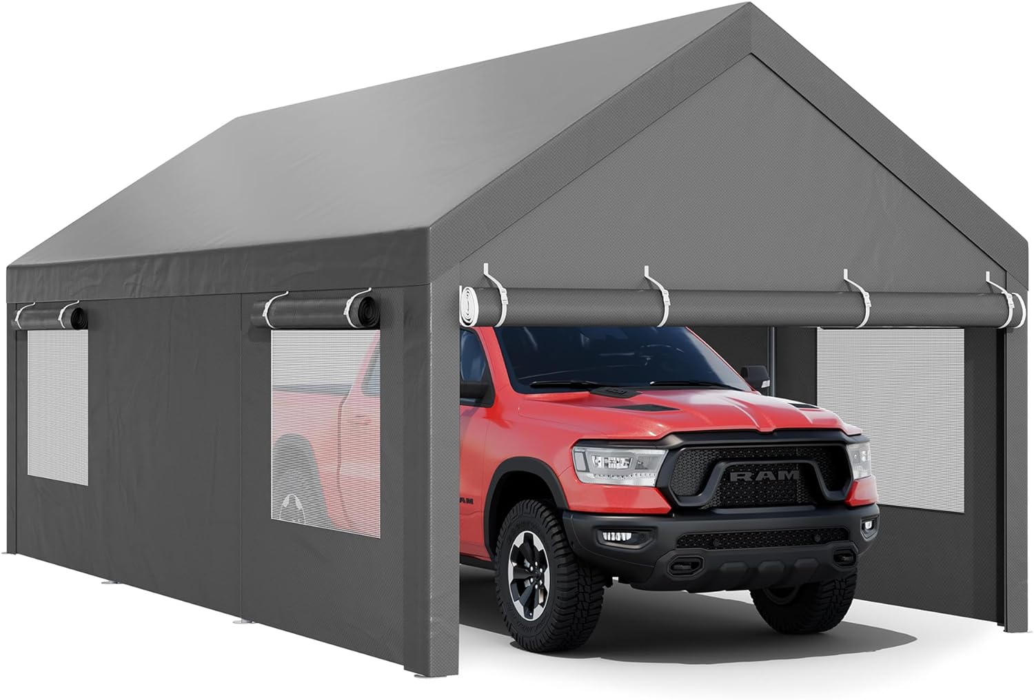 12x20 FT Heavy-Duty Carport Canopy – Portable Car Shelter with Removable Sidewalls & Doors | All-Season Waterproof Tarp for Vehicle Protection – Grey