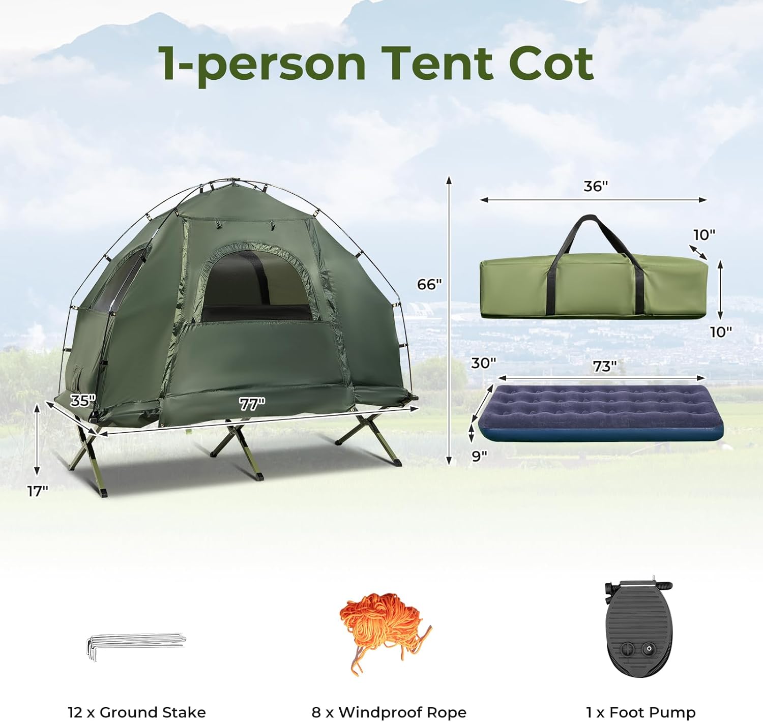 5-in-1 Tent Cot with Mattress, Sleeping Bags & Sunshade – Folding Elevated Camping Bed for Outdoor Hiking, Fishing, Travel & Picnics