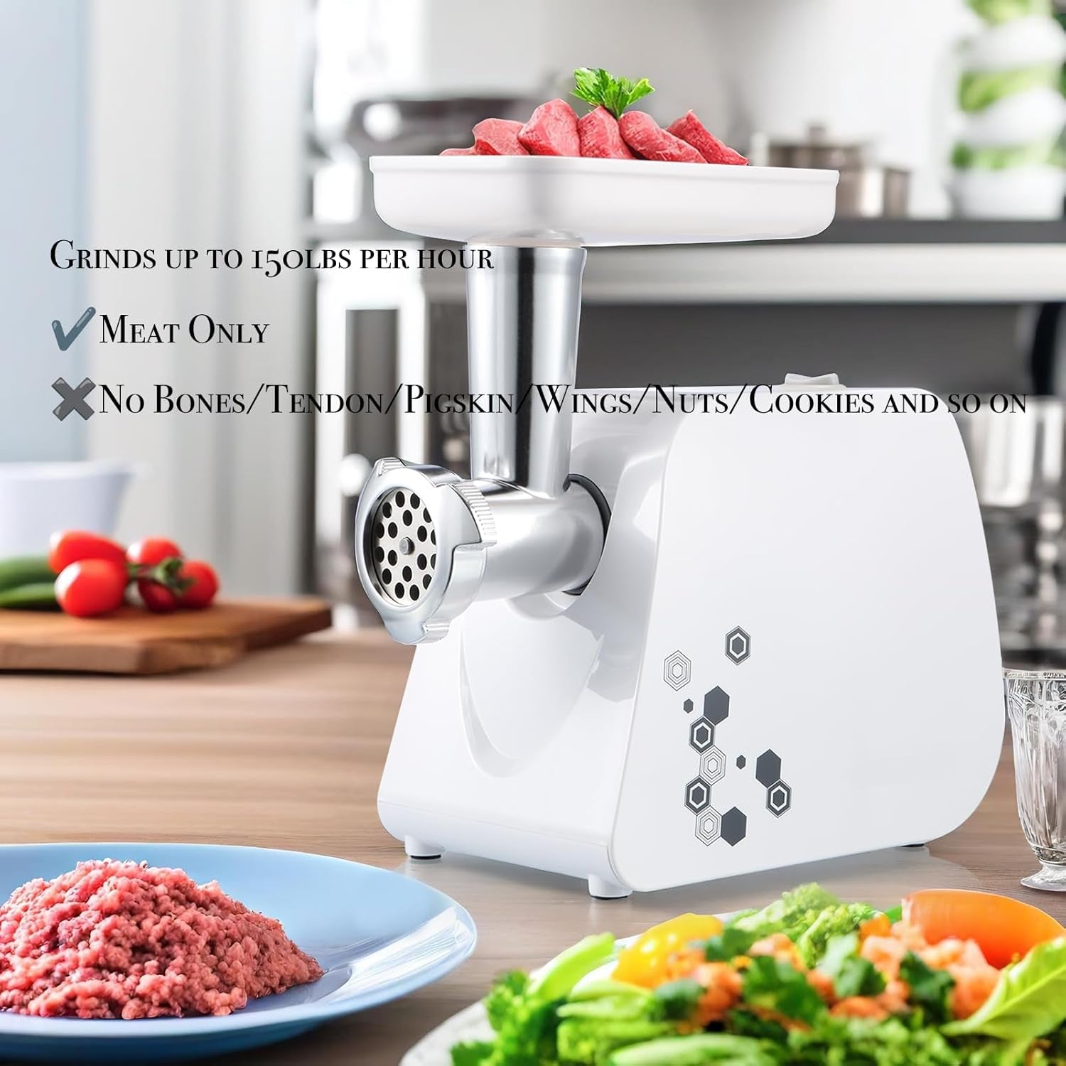 Powerful 1HP Electric Meat Grinder & Sausage Maker – 1000W Max, Stainless Steel Blades, 3 Grinding Plates & Large Sausage Stuffer, White