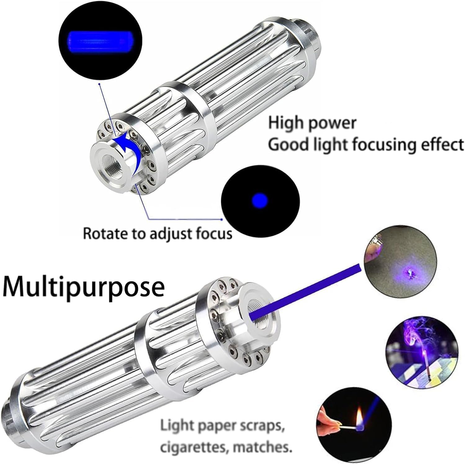 Rechargeable Long-Range Blue LED Flashlight Tool – Zoomable, Multifunctional, Portable Indicator Light for Emergency & Outdoor Use (Silver)