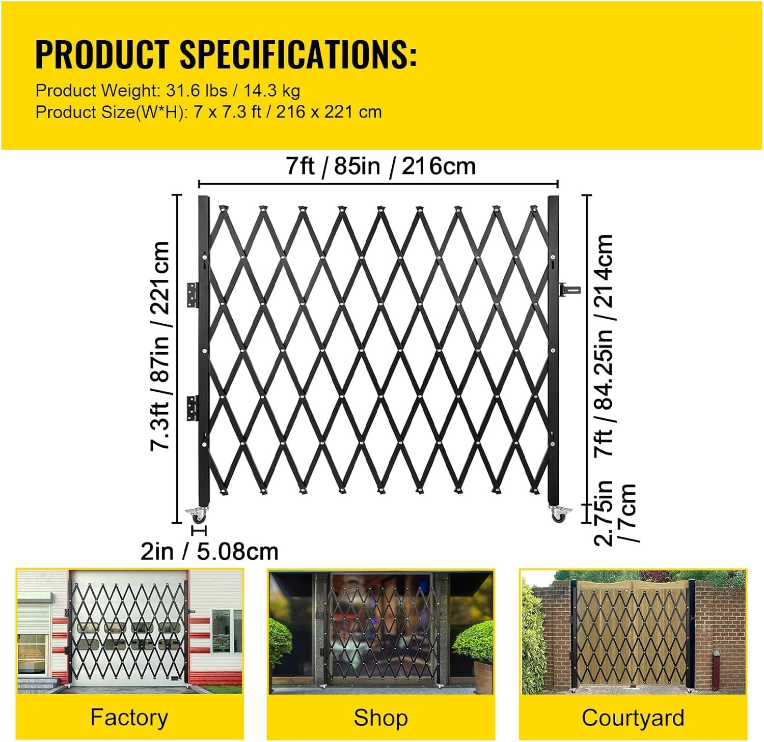 7×7 Ft Steel Folding Security Gate – Single Accordion Scissor Gate with Rolling Casters & Padlock | Expandable Locking Security Door for Storefront, Warehouse & Garage
