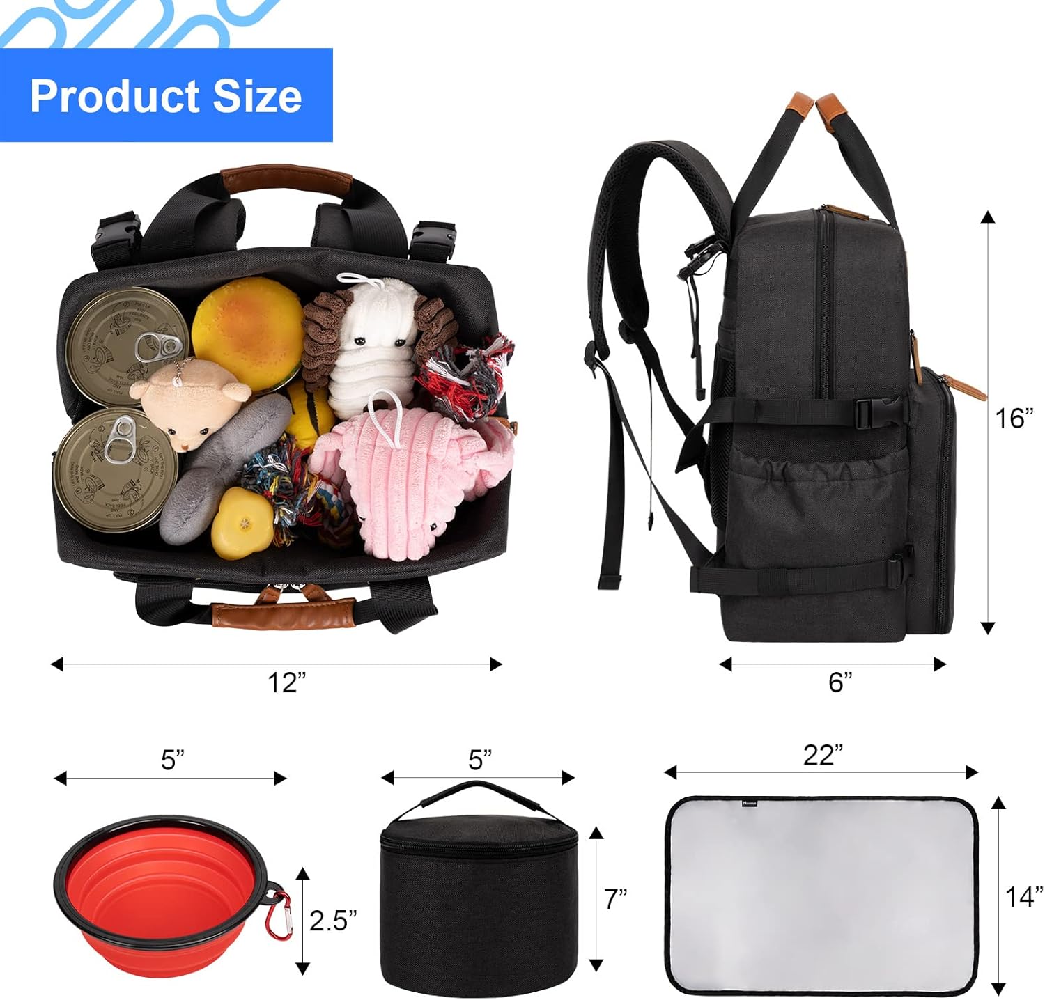 Dog Travel Bag, Airline Approved Backpack for Pet Accessories Organizer, Tote Weekend Bag with 2 Dog Food Storage Containers, 2 Collapsible Dog Bowls, 1 Pet Mat