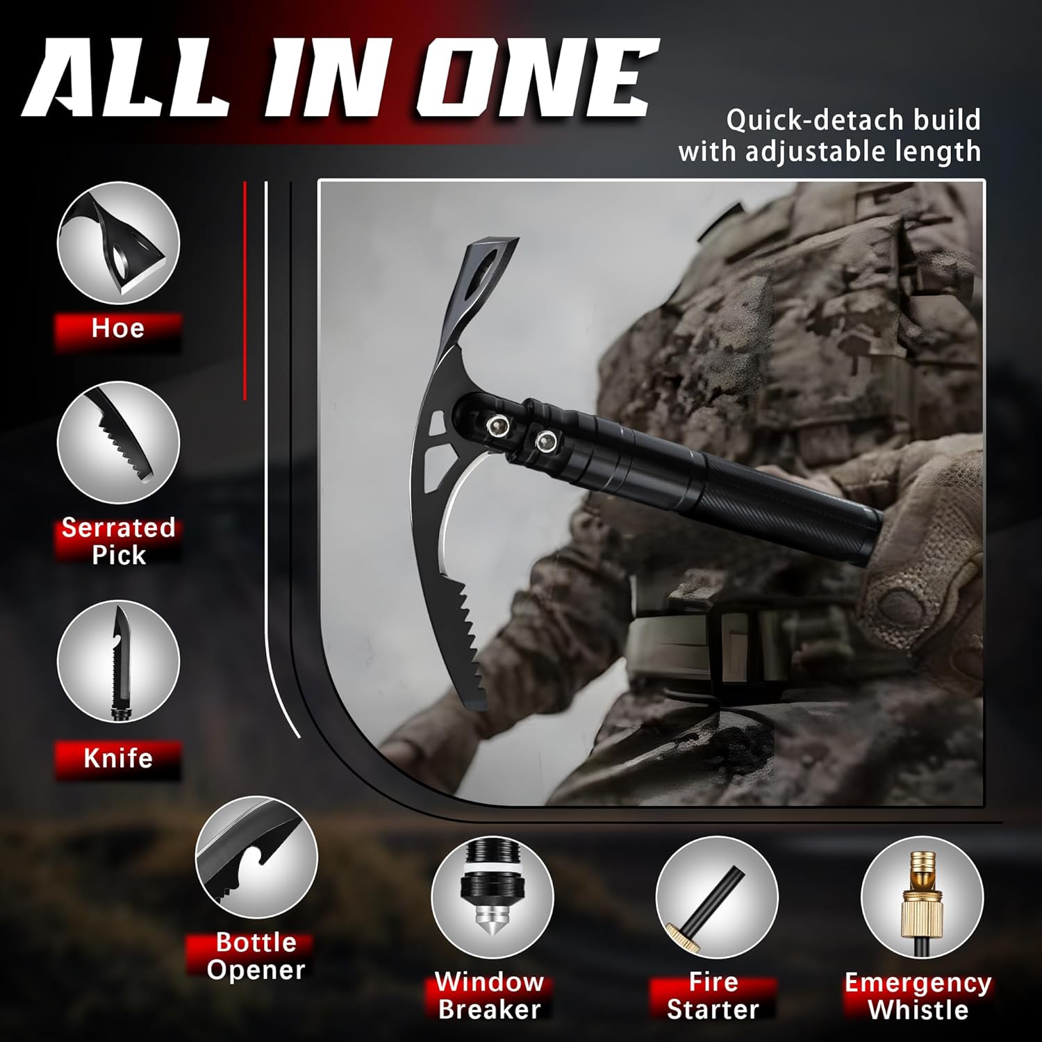 8-in-1 Folding Pick Axe & Mattock – Multi-Purpose Stainless Steel Pickaxe with Survival Knife & Garden Hoe | Portable Tool for Digging, Weeding, Camping & Ice Chipping