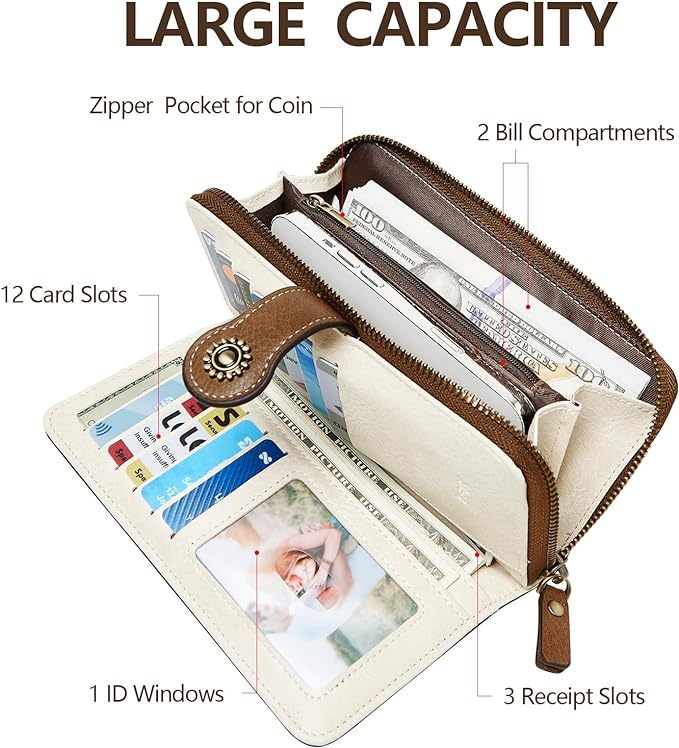 Women's RFID Blocking Leather Wallet – Large Capacity Card Holder, Phone Clutch, Travel Wristlet Purse