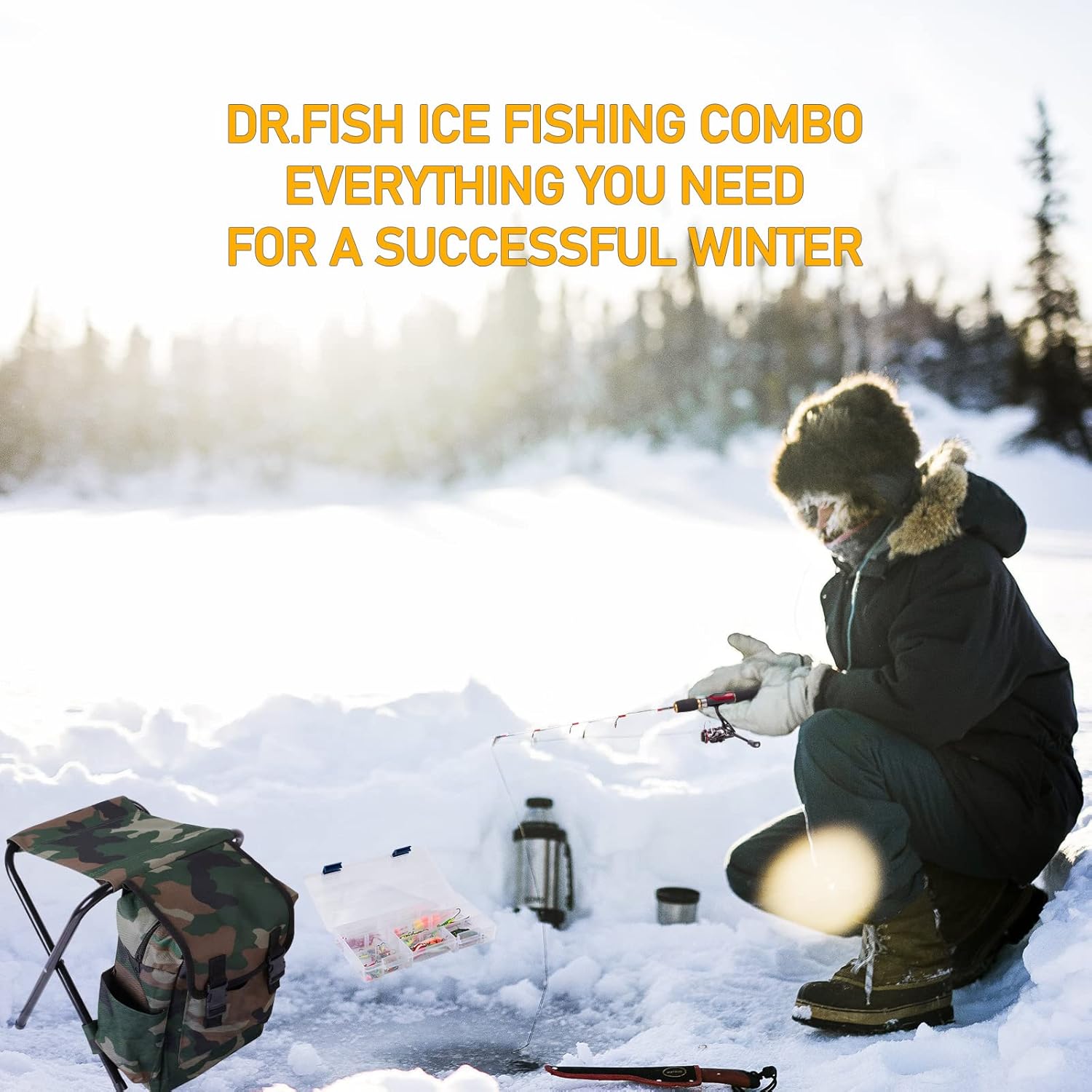 Ice Fishing Rod and Reel Combo, Ice Fishing Gear Pole Ice Fishing Reel Equipment Set Ice Fishing Backpack Chair Ice Jigs Lures Ice Fishing Accessories