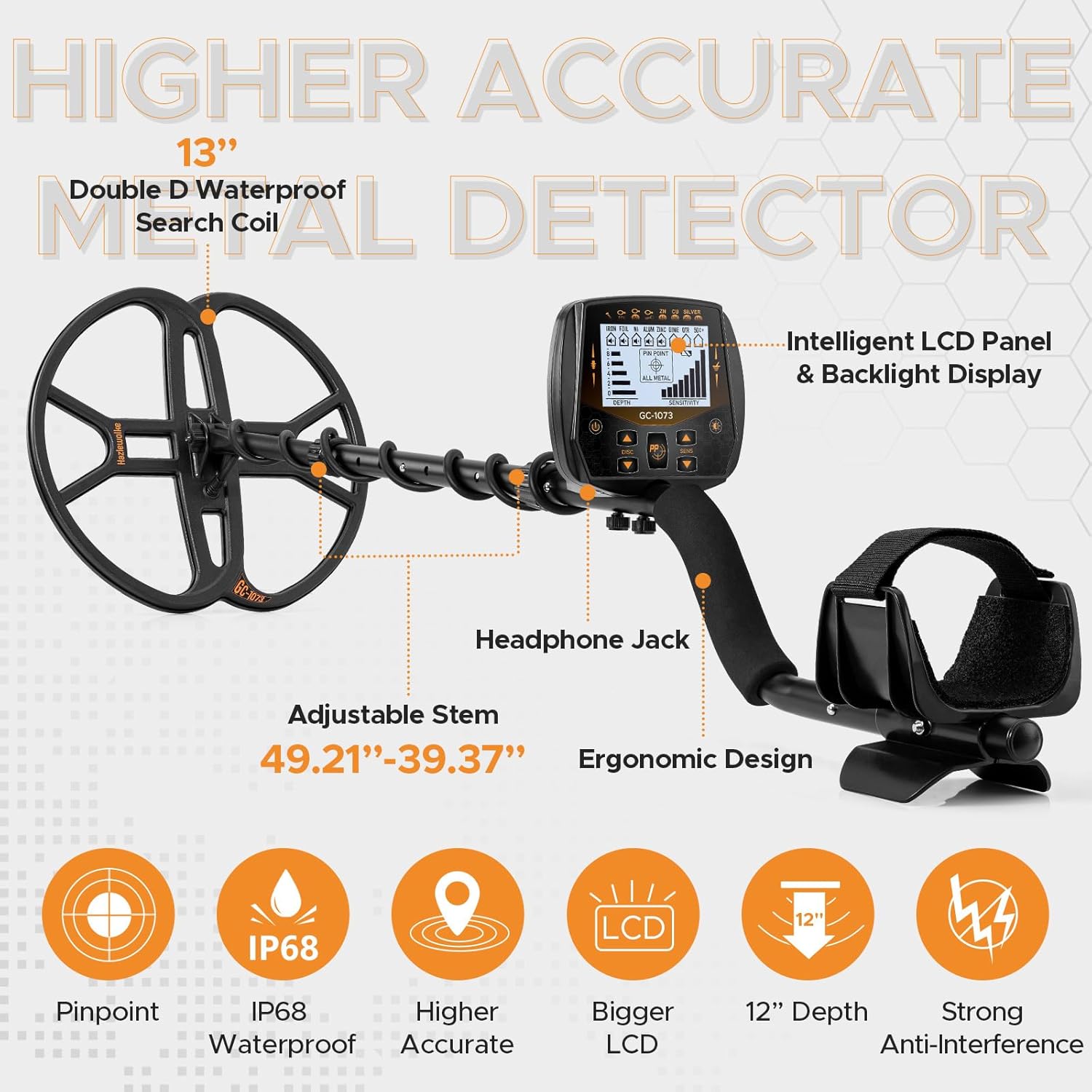 13" Professional Metal Detector for Adults – Waterproof DD Search Coil, High Sensitivity Gold Finder with Pinpoint Mode & LCD Backlight Display