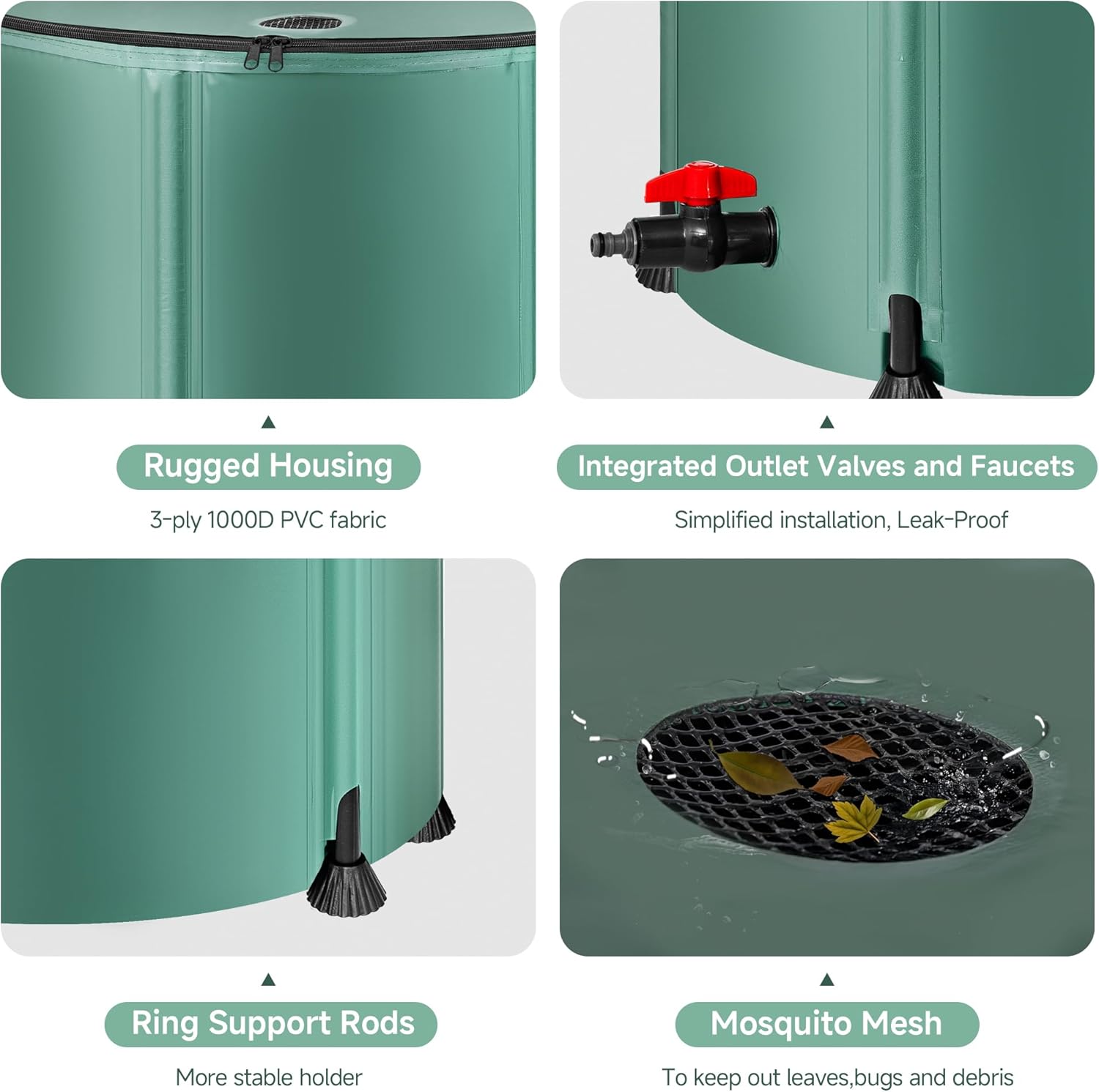 Collapsible Rain Barrel – 53 Gallon, 3-Ply PVC, Mesh Filter, High-Flow & Downspout Spigots, Overflow Valve