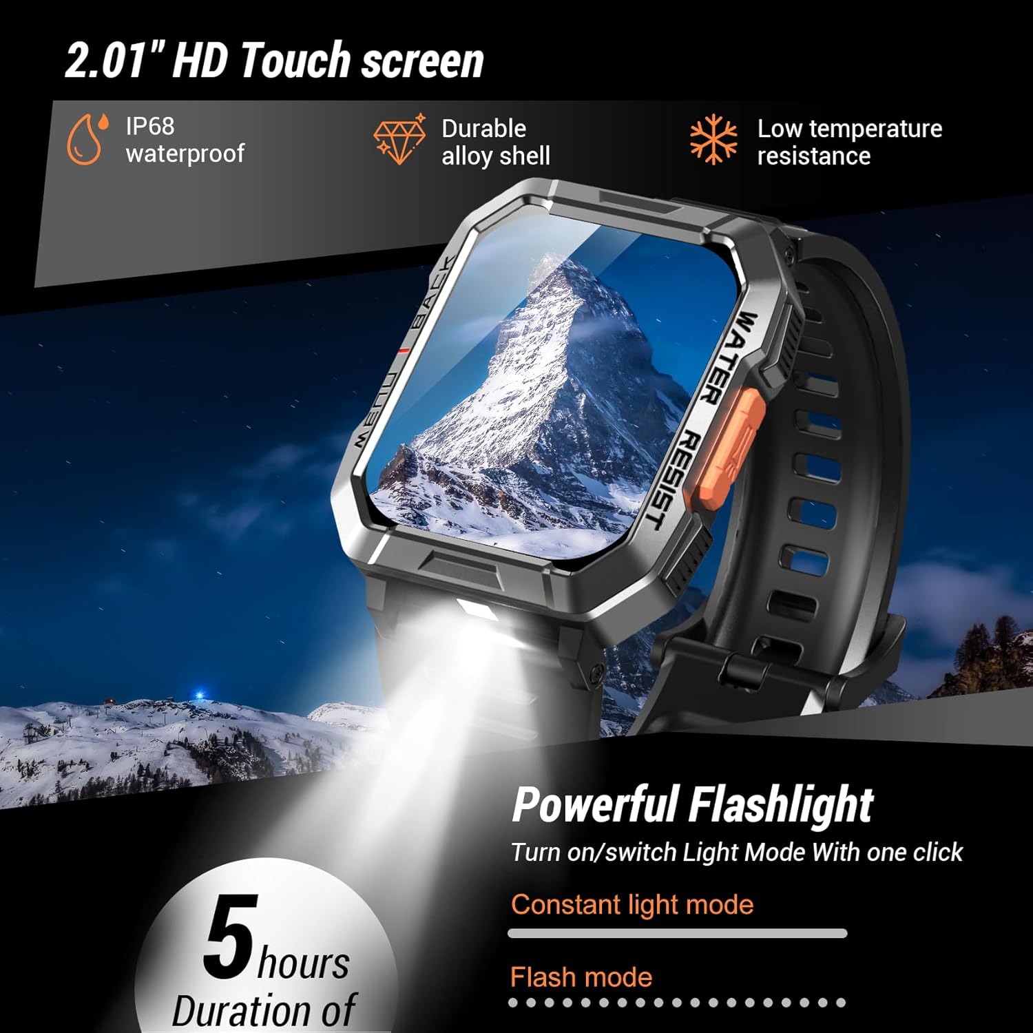Military Smart Watch for Men with Bluetooth Calling, 2.01" Rugged Outdoor Tactical Smartwatch, Fitness Tracker Compatible with Android & iPhone, Compass, Flashlight, 100-Day Battery Life, Heart Rate, Sleep Monitor, 100+ Sport Modes, 2 Straps Included