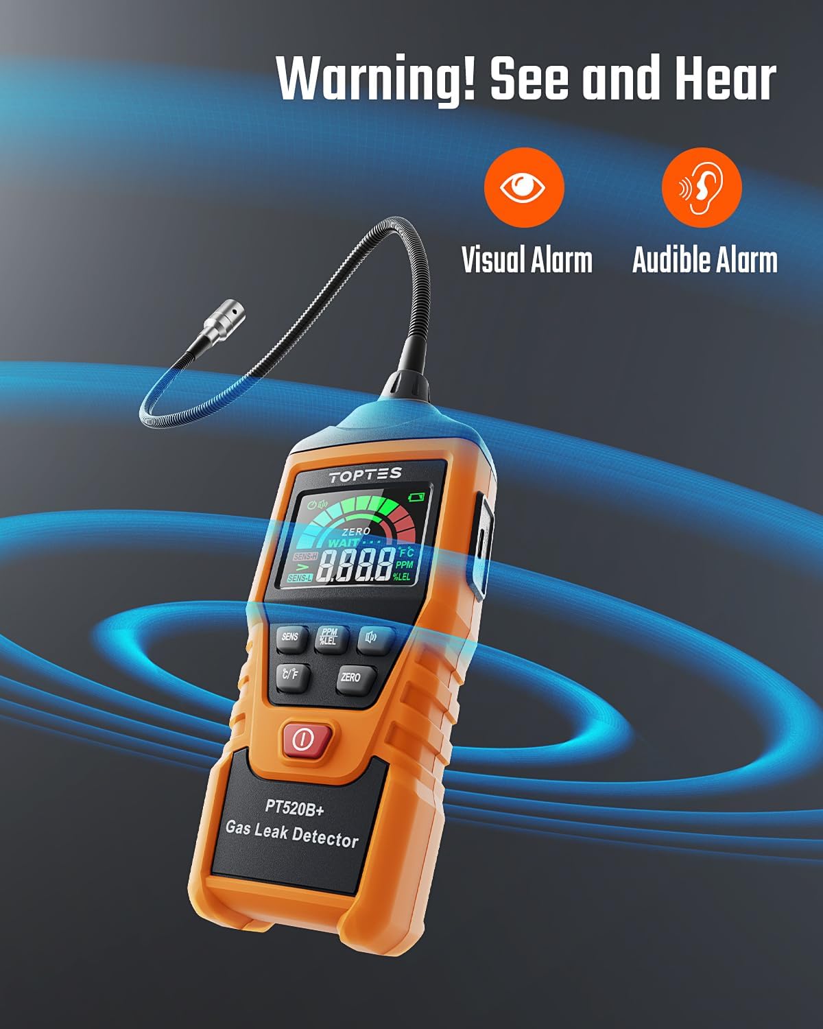 Rechargeable Natural Gas Leak Detector with 17" Flexible Probe – PT520B+ Propane, Methane, LPG, and Combustible Gas Sniffer for Home, RV, Industrial Use – PPM & %LEL Measurement