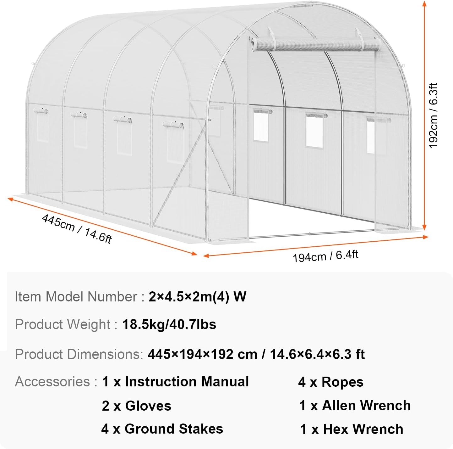 14.6×6.4×6.3 ft Walk-In Tunnel Greenhouse – Heavy-Duty Hoop House with Galvanized Steel Frame, White PE Cover, Roll-Up Zipper Door & 8 Vent Windows for Outdoor Gardening