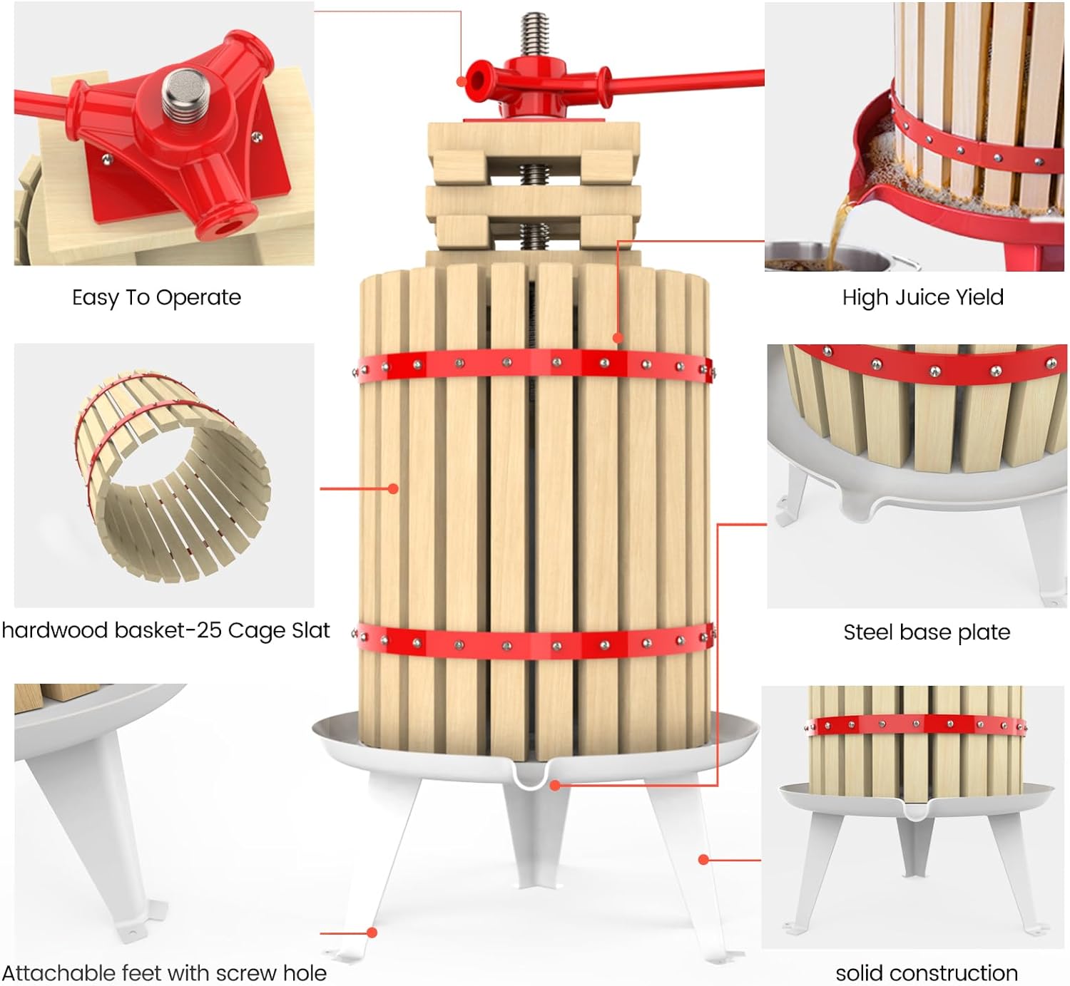 4.75 Gallon Fruit and Wine Press – Manual Juice Maker for Apples, Grapes, and Berries | Solid Wood Basket with 8 Blocks | Heavy-Duty Cider and Wine Press for Home Use