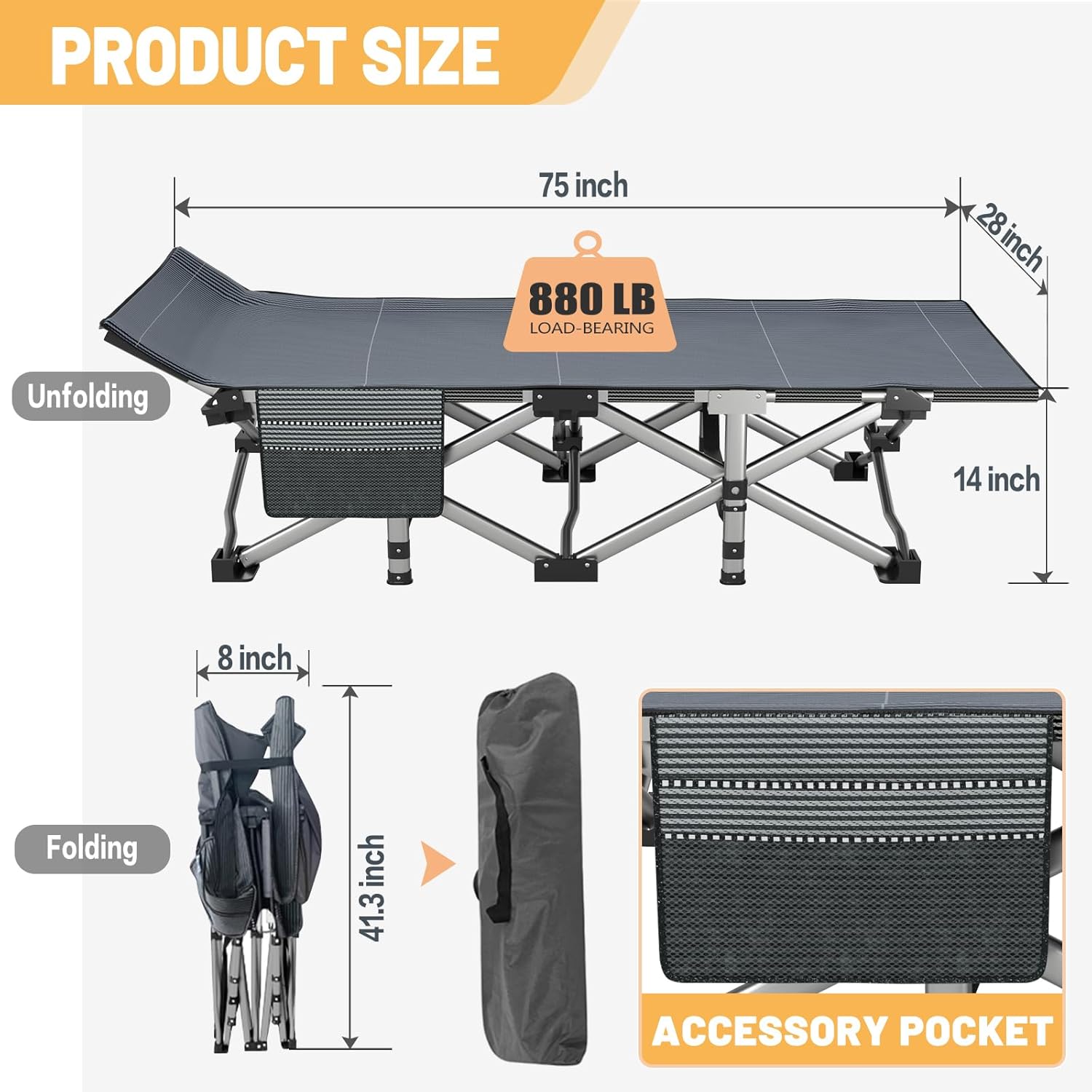 Folding Camping Cot with Mattress – 2 Pack, Heavy Duty Steel Frame, Portable Camp Bed for Adults