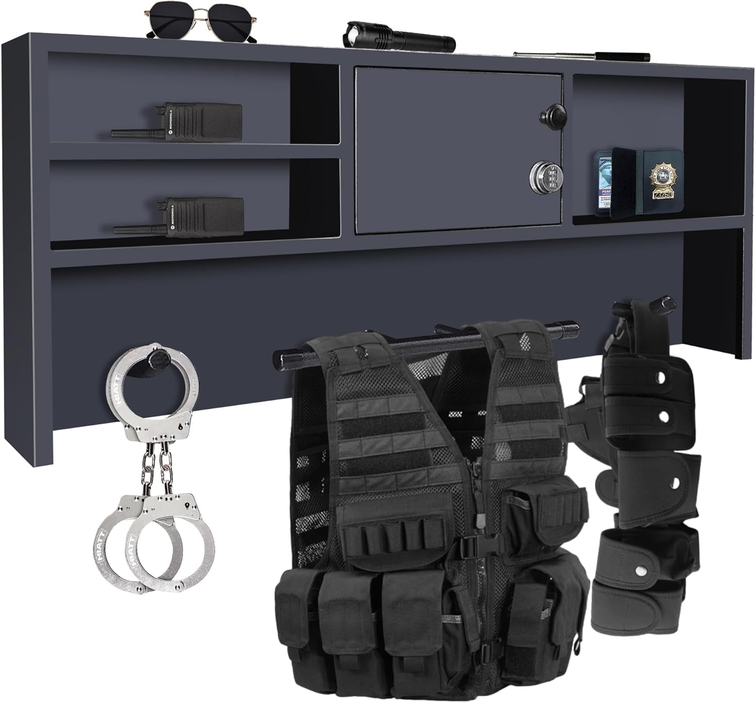 Wall Mounted Police Gear Rack with Lockbox Safe – Tactical Duty Gear Organizer Hanger for Vest, Belt, Firearm – Law Enforcement Wall Locker – Ideal Police Academy Graduation Gift