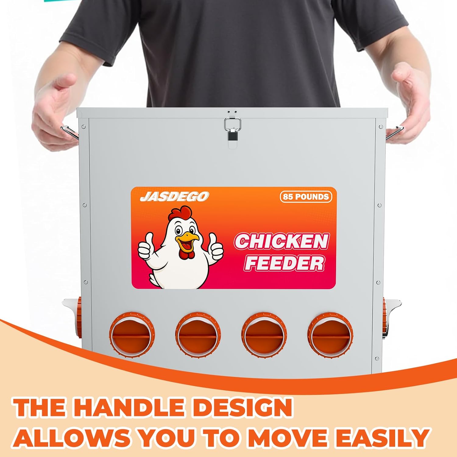 85 LB Weatherproof Metal Chicken Feeder – No Waste Poultry Feeder with 10 Feeding Ports, Auto Gravity Feed, Handle & Latch – Large Capacity Outdoor Feeder for Chickens, Hens, Bantams, Pheasants, Coop Use