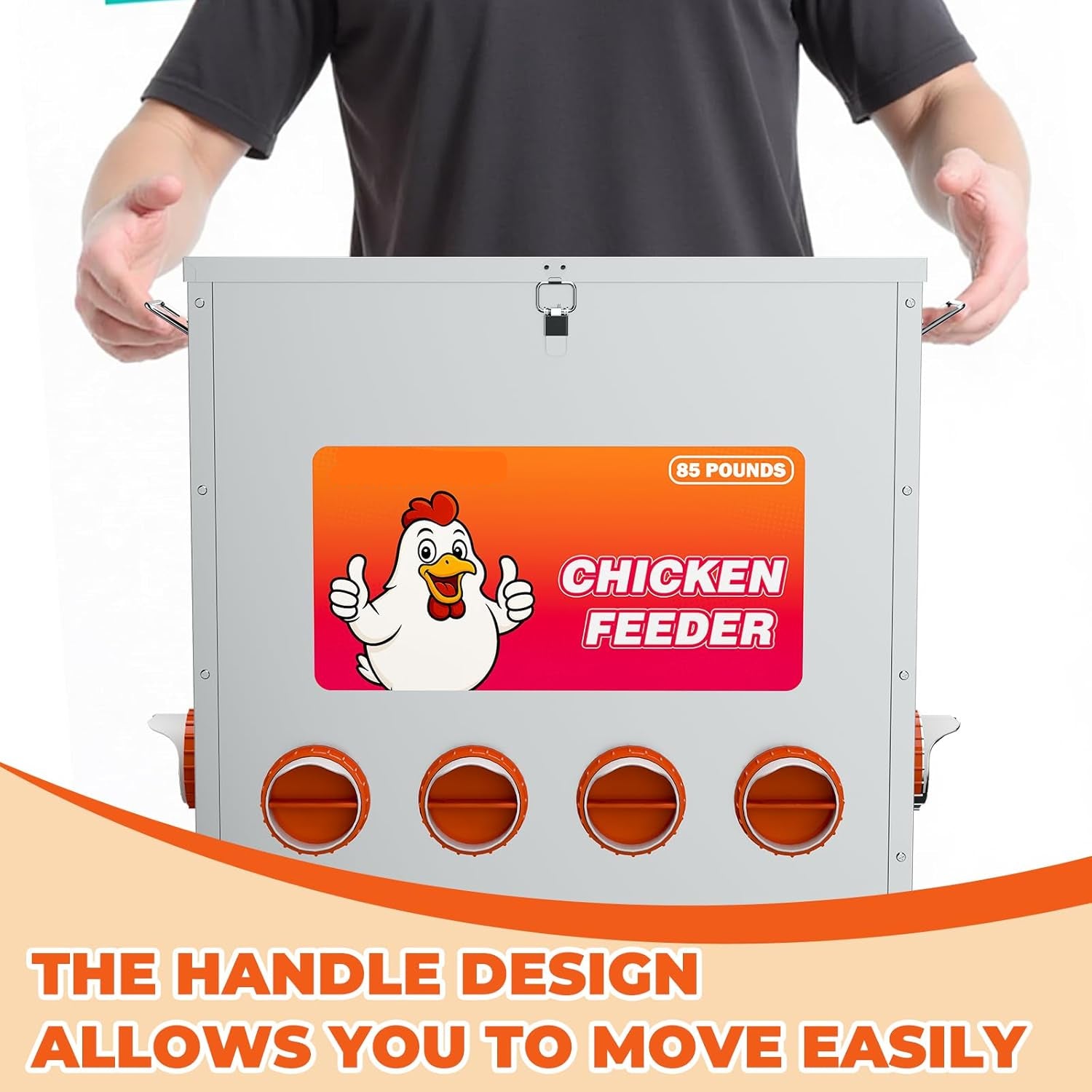 85 LB Weatherproof Metal Chicken Feeder – No Waste Poultry Feeder with 10 Feeding Ports, Auto Gravity Feed, Handle & Latch – Large Capacity Outdoor Feeder for Chickens, Hens, Bantams, Pheasants, Coop Use