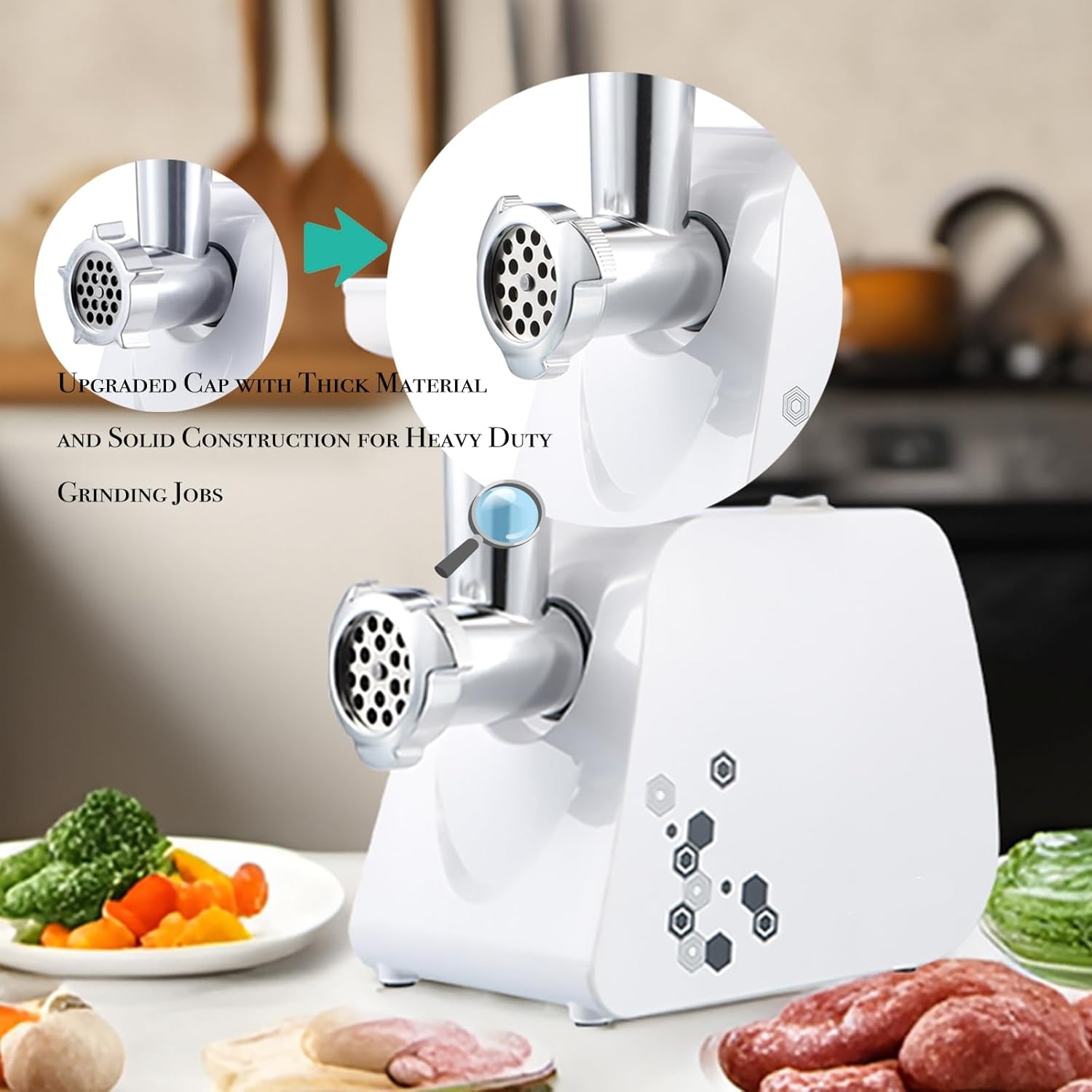 Powerful 1HP Electric Meat Grinder & Sausage Maker – 1000W Max, Stainless Steel Blades, 3 Grinding Plates & Large Sausage Stuffer, White