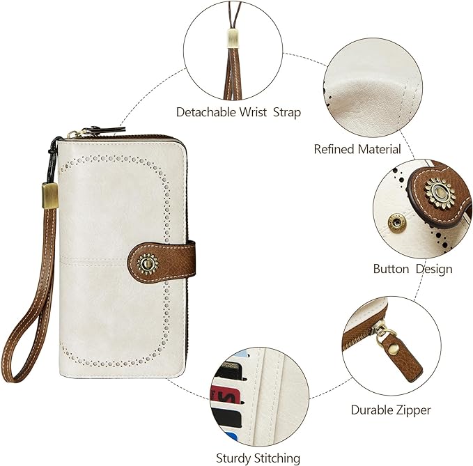 Women's RFID Blocking Leather Wallet – Large Capacity Card Holder, Phone Clutch, Travel Wristlet Purse