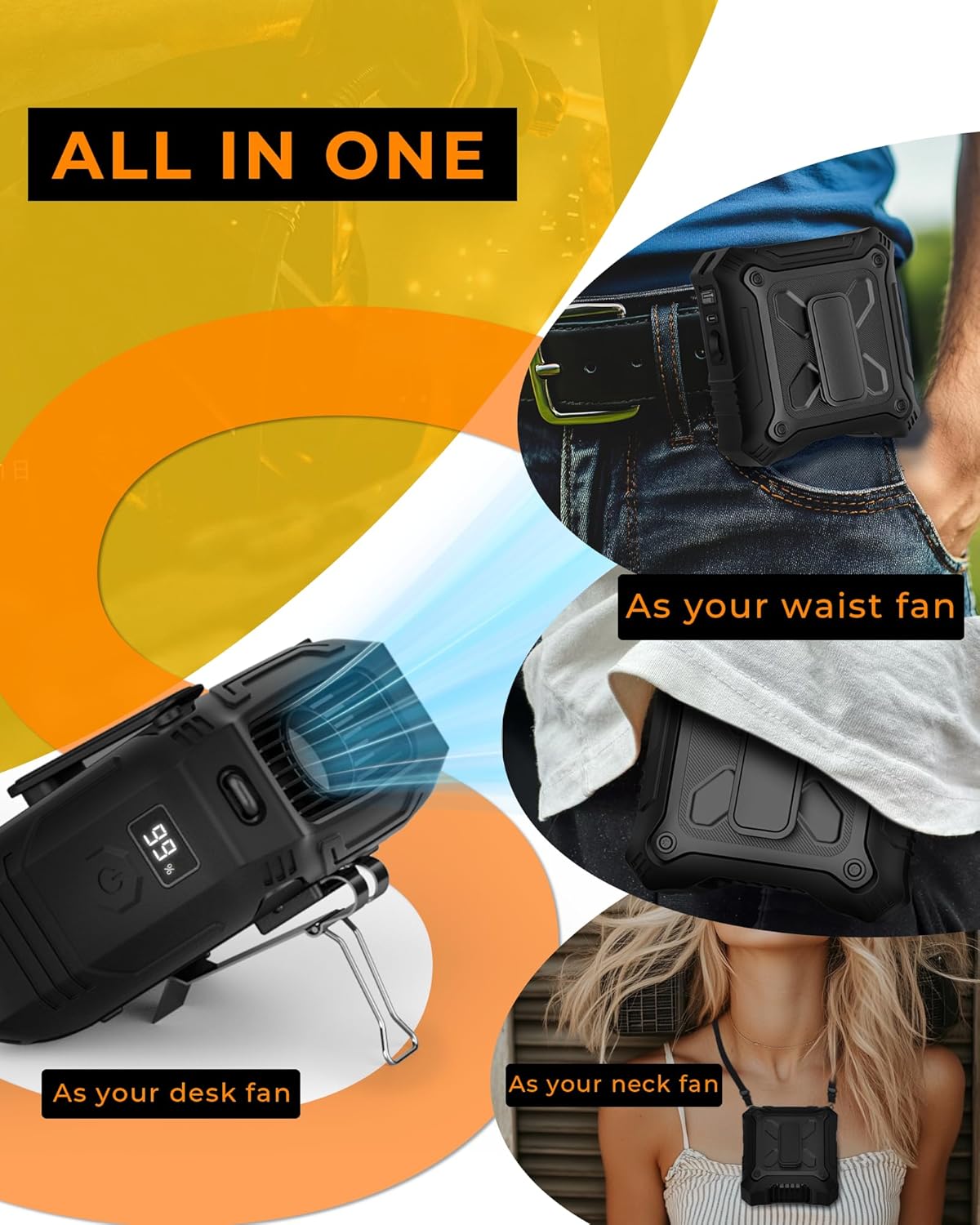 Portable Waist Clip Fan with 8000mAh Power Bank – Dual-Sided Wearable Personal Fan with 5-Speed Settings & Flashlight, USB Rechargeable Belt Fan for Outdoor Travel, Camping, Hiking & Work