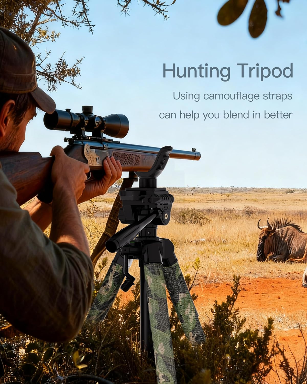 74-Inch Rifle Shooting Tripod – Adjustable Hunting Rest with V-Yoke, Aluminum Shooting Stand for Rifle & Crossbow | Includes Ground Spikes & Camo Straps for Outdoor Shooting