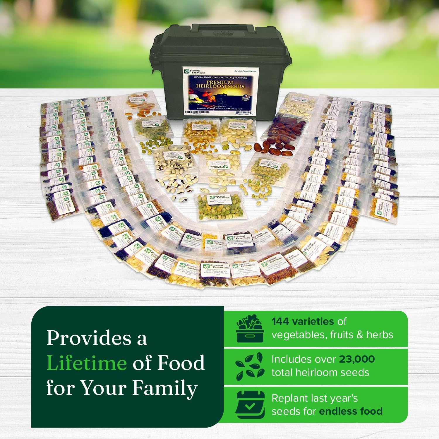 Ultimate Heirloom Seed Vault – 144 Non-GMO Heirloom Seed Varieties in Airtight Ammo Can, 23,000 Survival Seeds for Vegetables, Fruits, & Herbs – Premium Emergency & Prepper Supplies