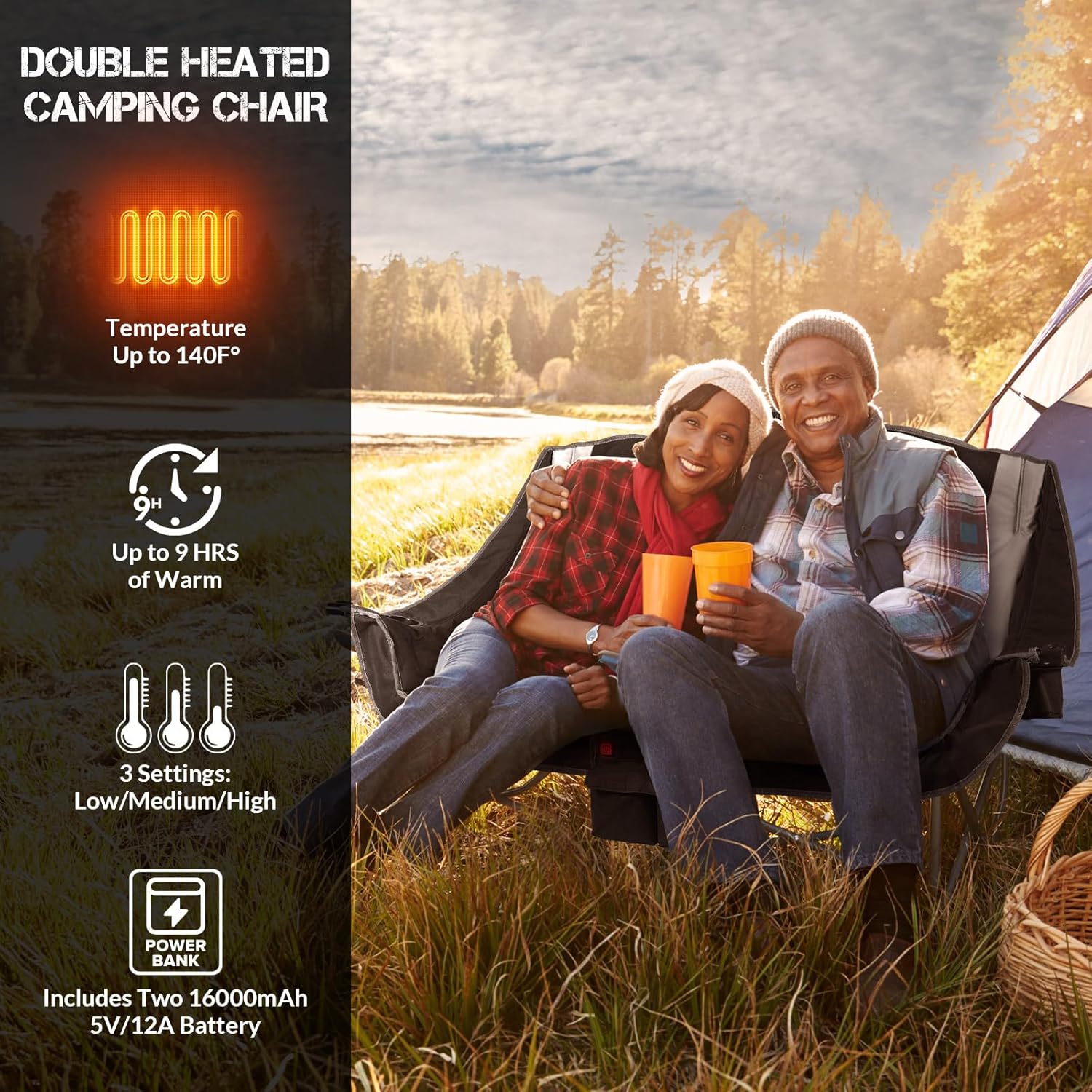 Heated Double Camping Chair, 2-Person Folding Camp Chair with 12V 16000mAh Battery Pack, Heated Portable Loveseat Chair, for Outdoor Sports, Picnics, Rugby Match, Beach Parties