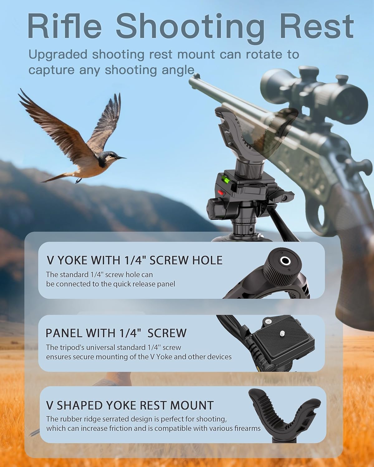 74-Inch Rifle Shooting Tripod – Adjustable Hunting Rest with V-Yoke, Aluminum Shooting Stand for Rifle & Crossbow | Includes Ground Spikes & Camo Straps for Outdoor Shooting