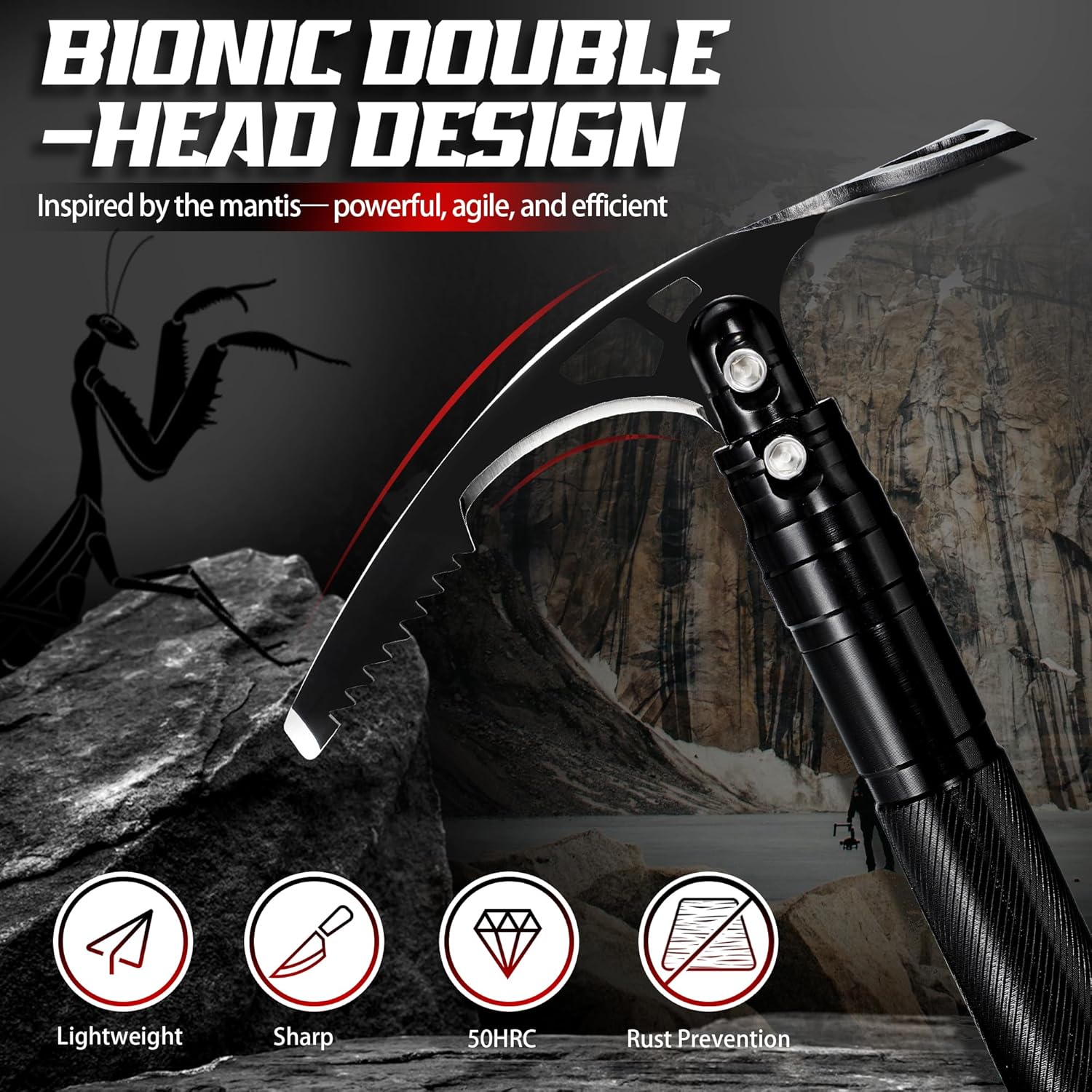 8-in-1 Folding Pick Axe & Mattock – Multi-Purpose Stainless Steel Pickaxe with Survival Knife & Garden Hoe | Portable Tool for Digging, Weeding, Camping & Ice Chipping