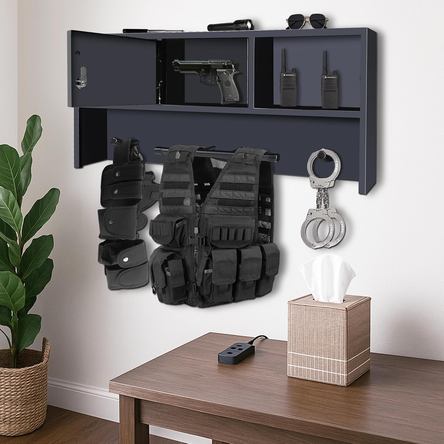 Wall Mounted Police Gear Rack with Lockbox Safe – Tactical Duty Gear Organizer Hanger for Vest, Belt, Firearm – Law Enforcement Wall Locker – Ideal Police Academy Graduation Gift
