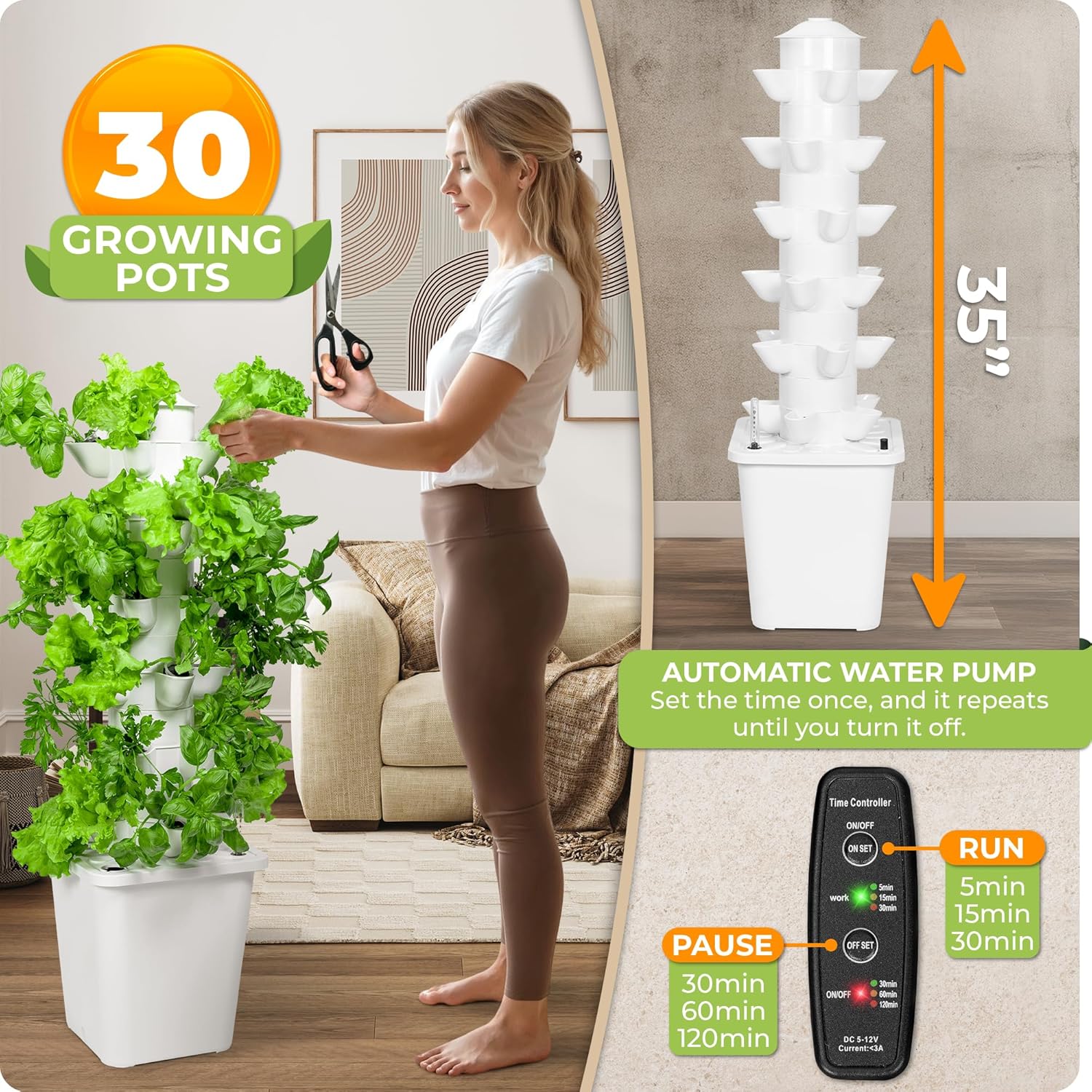 Hydroponic Tower Garden – 30 Plants, Full-Spectrum LED Grow Lights, 3/9/12-Hr Timer, pH+TDS Meters & 10L Tank