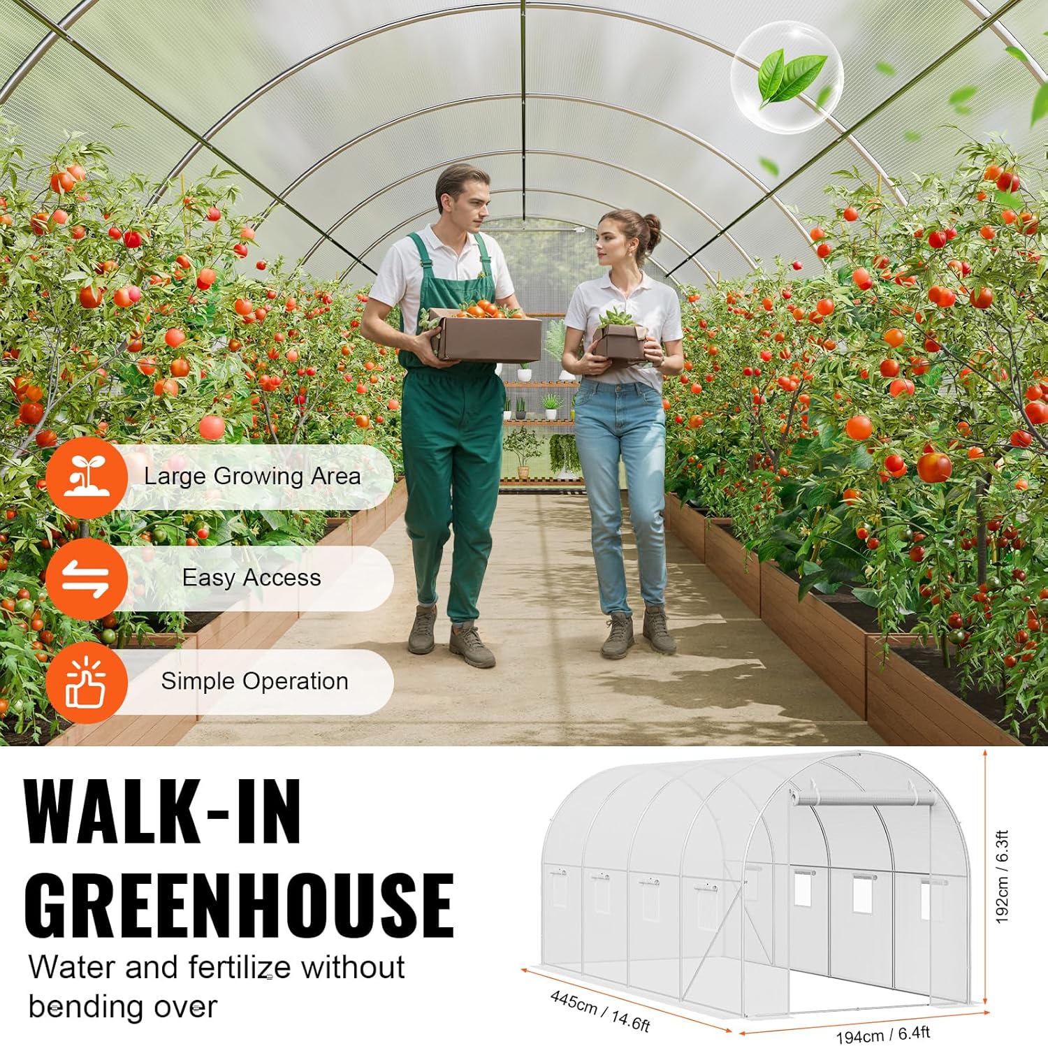14.6×6.4×6.3 ft Walk-In Tunnel Greenhouse – Heavy-Duty Hoop House with Galvanized Steel Frame, White PE Cover, Roll-Up Zipper Door & 8 Vent Windows for Outdoor Gardening