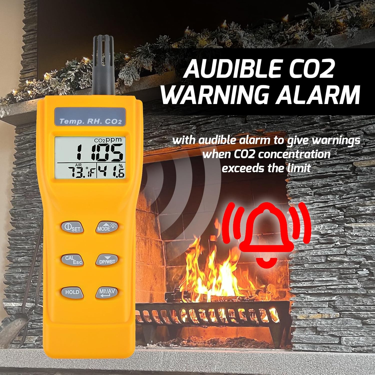 Handheld CO2 Meter – 0–9999ppm NDIR Sensor, Adjustable Alarm, Temp/Humidity/Dew Point Display