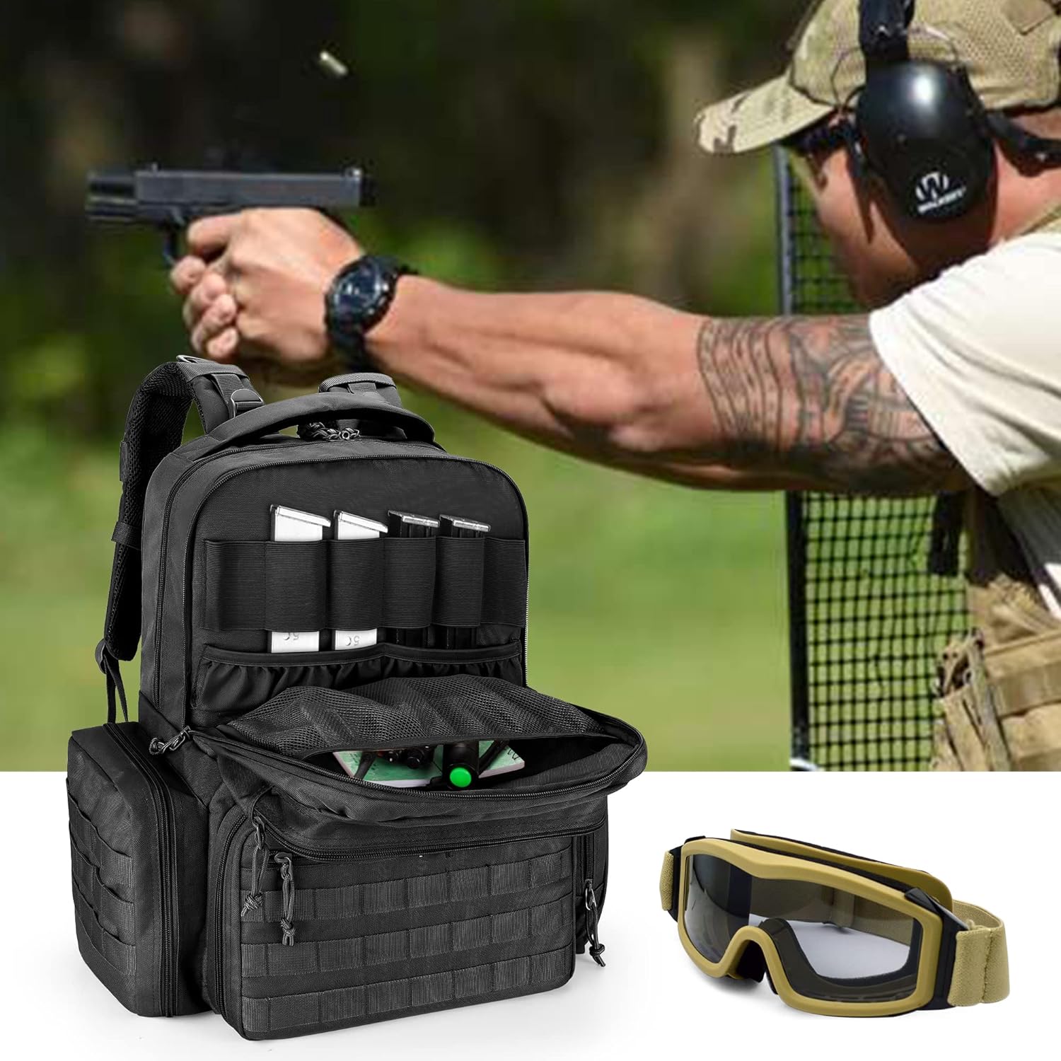 Tactical Pistol Backpack with 6 Pistol Cases, Gun Range Backpack with 10x Magazine Slots for Shooting and Hunting