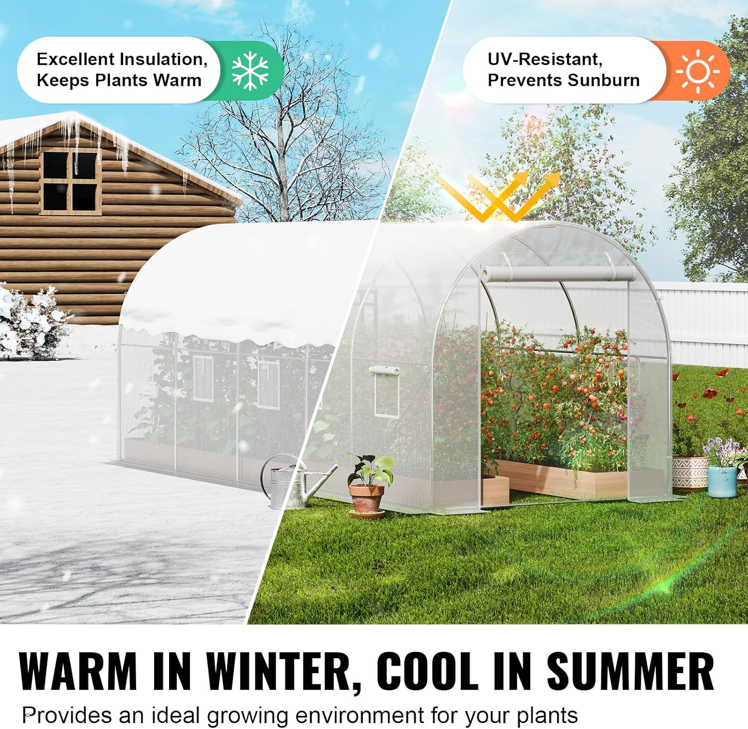 14.6×6.4×6.3 ft Walk-In Tunnel Greenhouse – Heavy-Duty Hoop House with Galvanized Steel Frame, White PE Cover, Roll-Up Zipper Door & 8 Vent Windows for Outdoor Gardening