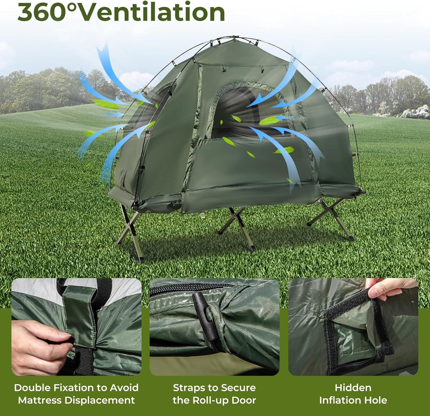 5-in-1 Tent Cot with Mattress, Sleeping Bags & Sunshade – Folding Elevated Camping Bed for Outdoor Hiking, Fishing, Travel & Picnics