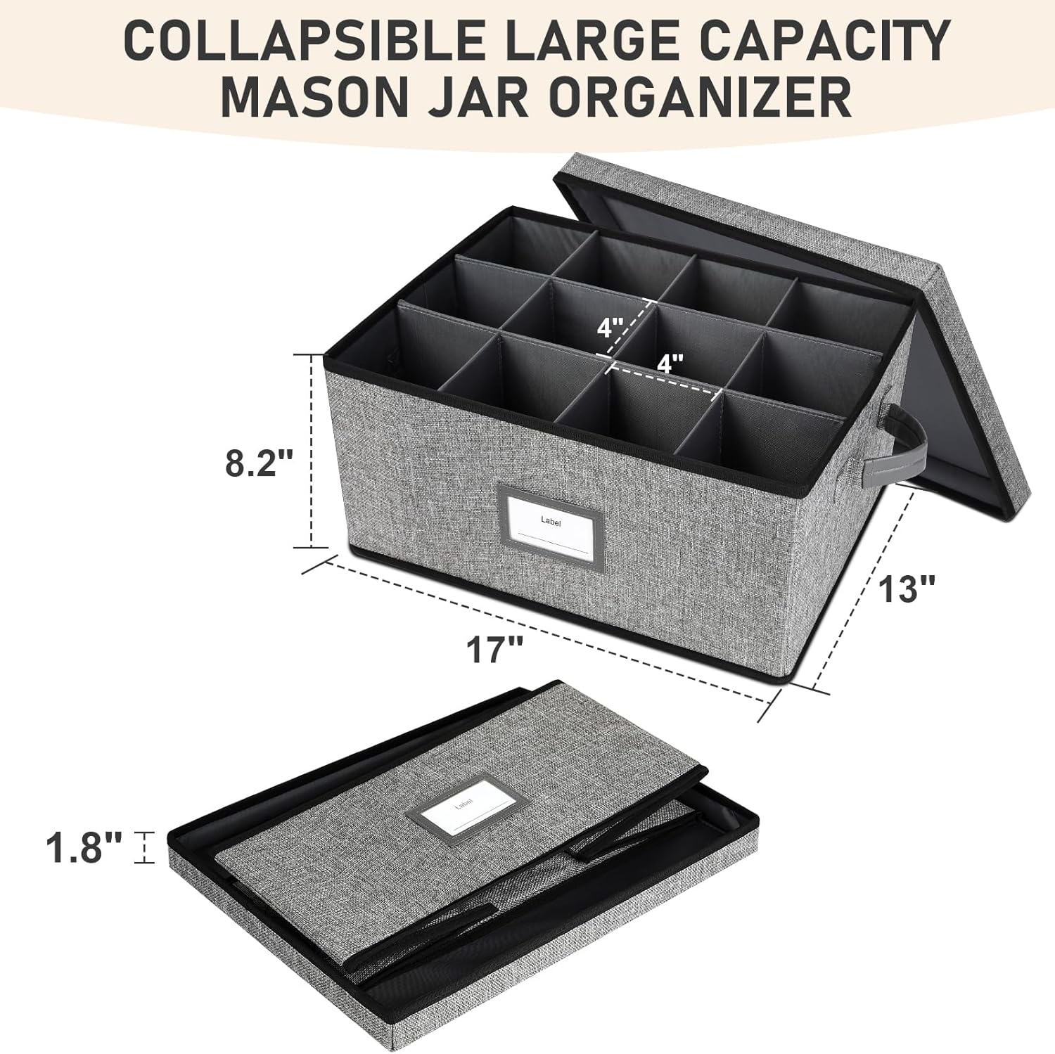 32 oz Mason Jar Storage Organizer – Stackable & Collapsible Canning Jar Holder for 12 Quart Jars with Handles & Adjustable Dividers