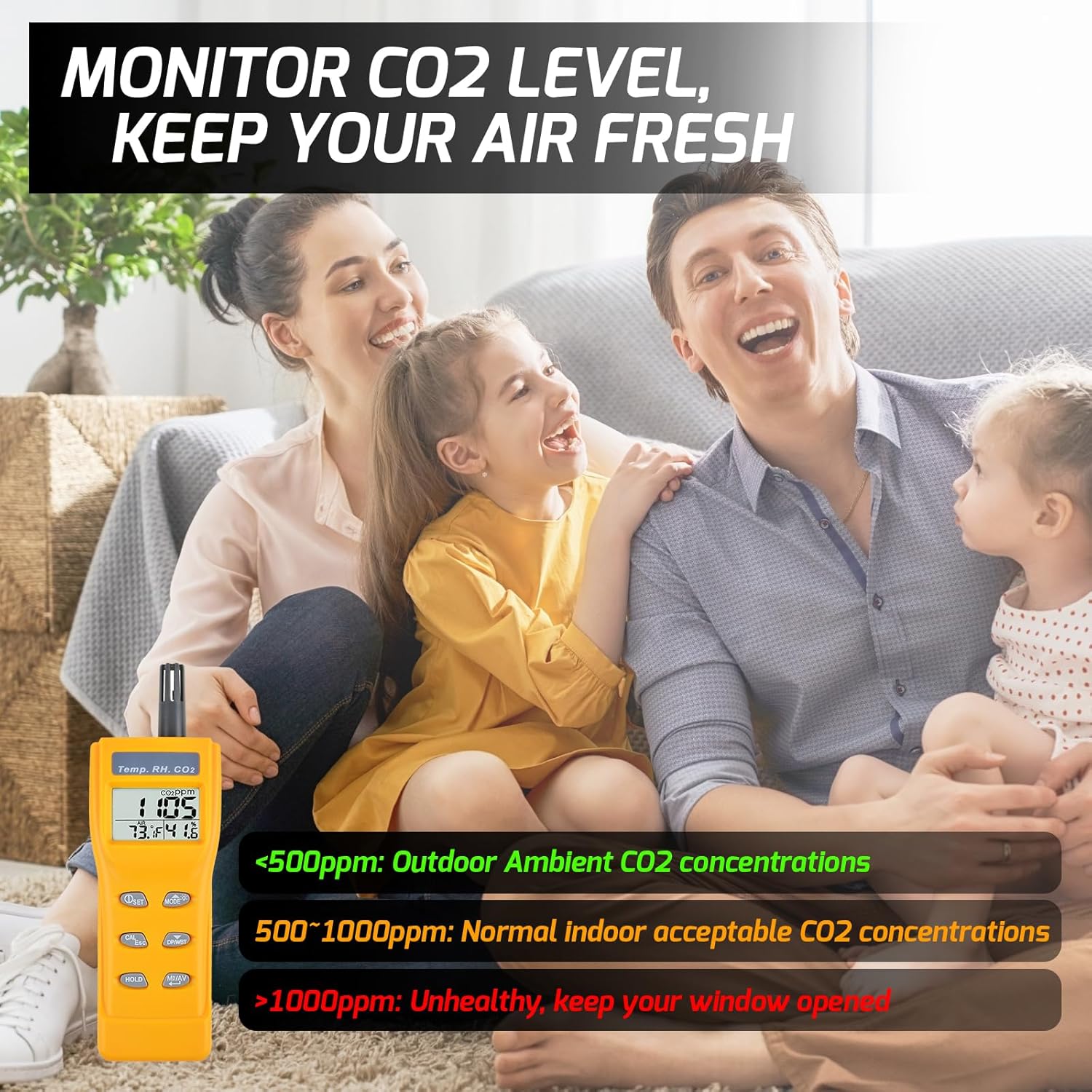 Handheld CO2 Meter – 0–9999ppm NDIR Sensor, Adjustable Alarm, Temp/Humidity/Dew Point Display